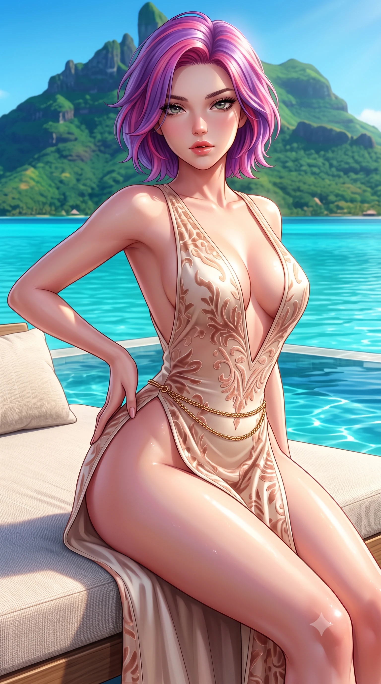 score_9, masterpiece, best quality, ultra-detailed, high-budget anime keyframe, semi-realistic 3D game render, editorial fashion photography, tasteful artistic composition, Caucasian woman. close-up cowboy shot from the waist and thighs up, the character dominates the composition, filling the frame with her large presence. arching her spine backward with effortless dancer poise, one hand sliding along her hip line as directional light carves specular highlights along her silhouette while sitting on the edge of a sunken overwater lounge, arching her lower back as emerald Mount Otemanu towers across the crystal turquoise lagoon. The surrounding environment is rendered in vivid detail and crisp panoramic clarity. detailed linen resort-wear weave, tropical sun glints on skin, and ocean water clarity in high resolution. She has an exceptionally elegant, slender, and willowy female figure with an ultra-slim waist, flat toned midriff, narrow ribcage, and sculpted feminine hips creating an alluring, slim hourglass silhouette without bulk. sharp v-shaped jawline, high-bridge nose, intricate jewel-like eyes with depth, thick eyelashes, glossy parted lips with a natural sheen, intensely captivating and seductive bedroom-eyes expression, flawlessly proportioned anatomical accuracy, strict slender model proportions, natural body alignment, perfectly sculpted long slender limbs, ultra-slim waistline, clean dynamic posture without body distortion. wearing a plunging-V neckline duchess satin gown with high side slits ascending to the high hip in vintage champagne ivory and delicate rose gold, made of sheer contouring power-mesh with velvet flocking patterns, accented with a delicate gold chain belt resting loosely on her curvy hips, the form-contouring material adhering flawlessly to her sculpted flat midriff and slender torso, emphasizing her long leg lines and perfectly proportioned willowy build. illuminated by intense specular sea reflections sharply carving her razor-sharp jawline, narrow waist, and curvy hips. highly saturated vibrant anime colors, detailed shading with soft gradients, rich glossy textures, high-contrast stereoscopic depth, volumetric dynamic lighting, master piece, 9:16 ratio