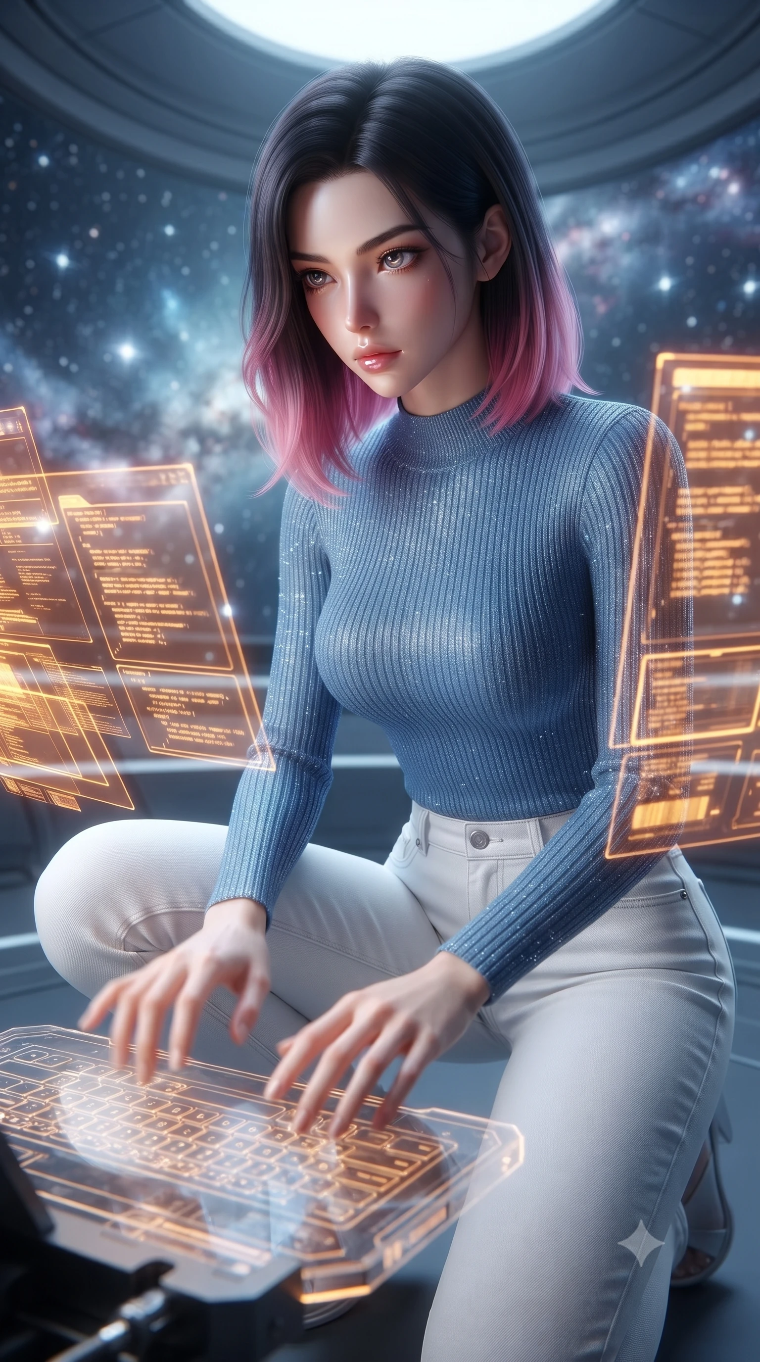 score_9, masterpiece, best quality, ultra-detailed, high-budget anime keyframe, editorial fashion photography, tasteful artistic composition, realistic cosplay photography, Korean woman. close-up cowboy shot from the waist and thighs up, the character dominates the composition, filling the frame with her large presence, background elements kept in soft focus. Hacking a security terminal in a low crouch, fingers moving in a blur as amber code screens surround her. set against a soft-focus background of inside a circular dome where the walls project a 360-degree virtual space-nebula, stars orbiting in real time. She has an exceptionally elegant and slender, willowy female figure with an ultra-slim waist, a gracefully sculpted slender torso, and a refined slim physique. sharp v-shaped jawline, high-bridge nose, intricate jewel-like eyes with depth, thick eyelashes, glossy lips with a natural sheen. wearing catching and diffusing the glowing particles, shimmering softly in response to the surrounding light, a body-hugging form-fitting ribbed knit top in French blue, paired with high-waisted white denim trousers that hug her slender legs. soft glowing ambient light with sharp side key light tracing the sleek contours of her figure. ultra-reflective glossy finish, specular highlights, metallic sheen, high-contrast stereoscopic depth, volumetric dynamic lighting, 2k, ultra detail, master piece, 9:16 ratio