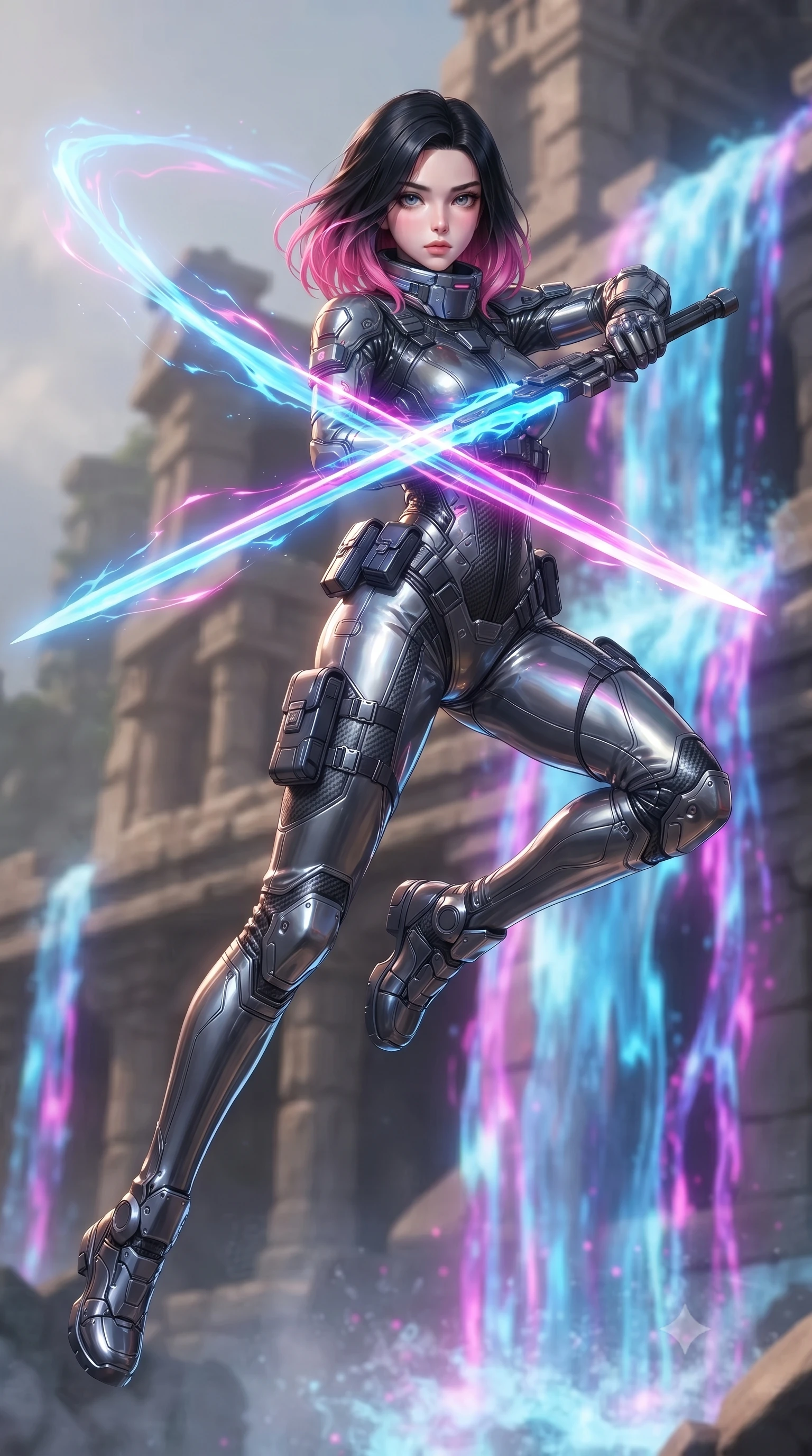 score_9, masterpiece, best quality, ultra-detailed, high-budget anime keyframe, editorial fashion photography, tasteful artistic composition, Korean woman. low angle full-body shot from head to toe showing her feet, filling the entire 9:16 vertical frame with her statuesque presence, stretching her vertical silhouette. leaping forward while slashing with a twin-bladed plasma sword in mid-air, her body-contouring suit showing her athletic silhouette, the background shows a soft-focus ancient stone ruins built next to a cascade of glowing liquid energy. She has an absolutely perfect, statuesque 8.5-heads proportion, an exceptionally tall and slender model-like female figure with impossibly long slender legs and an ultra-slim waist. sharp v-shaped jawline, high-bridge nose, intricate jewel-like eyes with depth, thick eyelashes, glossy lips with a natural sheen. wearing a slim-fit heavy-duty hazard suit with carbon reinforcement panels, featuring a high-neck protective collar and safety boots. cascades of glowing liquid plasma energy tracing a rim light on her form. ultra-reflective glossy finish, specular highlights, metallic sheen, high-contrast stereoscopic depth, volumetric dynamic lighting, 2k, ultra detail, master piece, 9:16 ratio