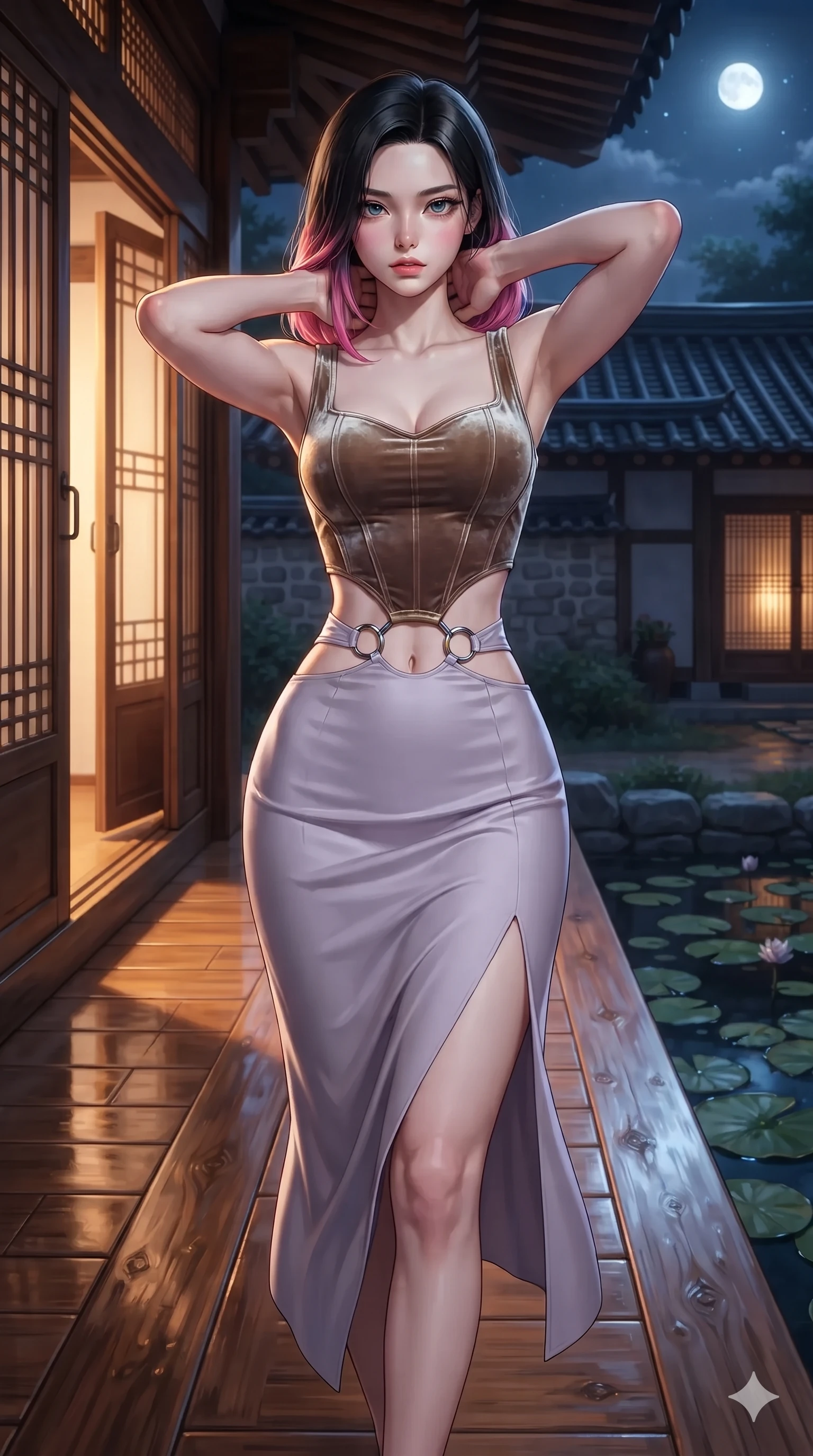 score_9, masterpiece, best quality, ultra-detailed, high-budget anime keyframe, editorial fashion photography, tasteful artistic composition, Korean woman. close-up cowboy shot from the waist and thighs up, the character dominates the composition, filling the frame with her large presence. resting both hands lightly behind her neck with elbows raised, arching her spine to highlight her narrow waist, flat midriff, and breathtaking collarbones while stepping slowly along the polished wooden decking with hypnotic grace, hips swaying in an alluring sensual rhythm that accentuates her curvy hourglass silhouette. The surrounding environment is rendered in vivid detail and crisp panoramic clarity: sharp polished timber floor reflections, traditional norigae knot silk weave, and floating water lily pad contours in deep focus. She has an exceptionally elegant, slender, and willowy female figure with an ultra-slim waist, flat toned midriff, narrow ribcage, and sculpted feminine hips creating an alluring, slim hourglass silhouette without bulk. sharp v-shaped jawline, high-bridge nose, sparkling eyes with hypnotic seductive depth, thick curled eyelashes, glossy parted lips with a natural dewy peach sheen, alluring bedroom-eyes with an enchanting coquettish smile, exuding magnetic siren charisma and sophisticated glamour, flawlessly proportioned anatomical accuracy, strict slender model proportions, natural body alignment, perfectly sculpted long slender limbs, ultra-slim waistline, clean dynamic posture without body distortion. wearing a tailored silk velvet hanbok corset top paired with an ankle-length fluid chima skirt with a thigh-high slit in vintage bronze patina and pale wisteria lilac, made of liquid dark mercury jersey with seamless sculpting hold and fluid drape, accented with sculptural chrome hardware rings framing the subtle cutouts, the form-fitting cut adhering flawlessly to her sculpted flat midriff and slender torso, emphasizing her long leg lines and perfectly proportioned willowy build. bathed in soft celestial moonlight combined with warm golden light spilling through open veranda doors. ultra-reflective glossy finish, specular highlights, rich textural contrasts, high-contrast stereoscopic depth, volumetric dynamic lighting, 2k, ultra detail, master piece, 9:16 ratio