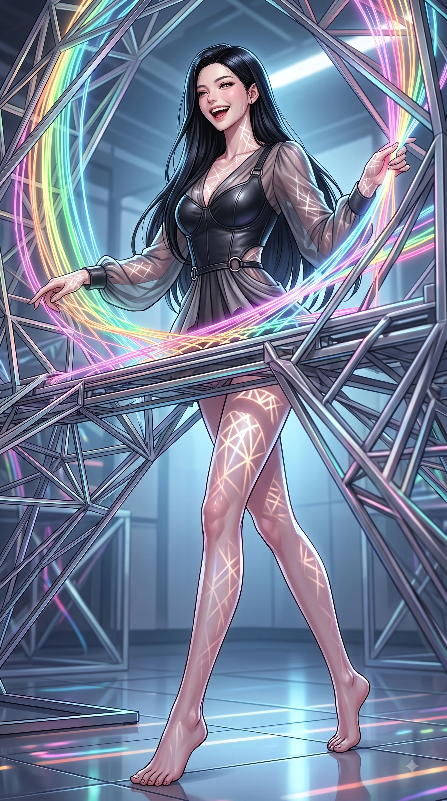 score_9, masterpiece, best quality, ultra-detailed, high-budget anime keyframe, editorial fashion photography, tasteful artistic composition, Korean woman. low angle full-body shot from head to toe showing her feet, filling the entire 9:16 vertical frame with her statuesque presence, stretching her vertical silhouette. forging dynamically through the scene with a happy infectious smile, her ultra-slim waist creating a sweeping curve while weaving fluorescent rainbow fiber optic ribbons on a 3D light loom with a playful smile, intricate geometric lattice patterns of bright light projected onto her skin. She has an absolutely perfect, statuesque 8.5-heads proportion, an exceptionally tall and slender model-like female figure with impossibly long slender legs and an ultra-slim waist. sharp v-shaped jawline, high-bridge nose, intricate jewel-like eyes with depth, thick eyelashes, glossy lips with a natural sheen, flawlessly proportioned anatomical accuracy, natural body alignment, perfectly sculpted elegant limbs, clean dynamic posture without body distortion. wearing a tailored leather bustier over a sheer silk chiffon blouse in charcoal grey and platinum, crafted from smooth liquid silk, accented with delicate chrome ring hardware framing her waist, the elegant draped fit framing her graceful clavicle and slender torso. surrounded by a vibrant fluorescent aura with bright specular rim lights. ultra-reflective glossy finish, specular highlights, metallic sheen, high-contrast stereoscopic depth, volumetric dynamic lighting, 2k, ultra detail, master piece, 9:16 ratio