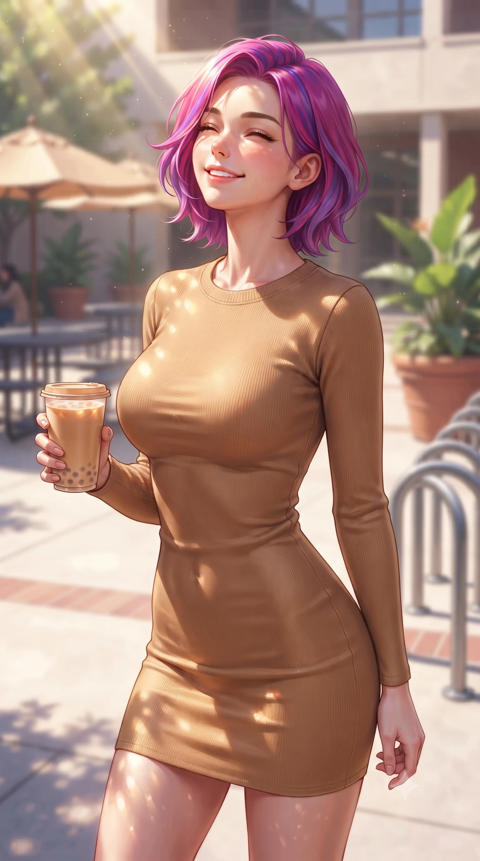 score_9, masterpiece, best quality, ultra-detailed, high-budget anime keyframe, editorial fashion photography, tasteful artistic composition, Caucasian woman. close-up cowboy shot from the waist and thighs up, the character dominates the composition, filling the frame with her large presence, background elements kept in soft focus. smiling happily with closed eyes, enjoying the warm sunbeams on her face set against a soft-focus background of in a sunlit campus courtyard filled with student tables, potted plants, and bicycle racks holding a warm paper cup of milk tea with bubbles. She has an exceptionally elegant, slender, and willowy female figure with an ultra-slim waist, a gracefully sculpted slender torso, and a refined silhouette. sharp v-shaped jawline, high-bridge nose, intricate jewel-like eyes with depth, thick eyelashes, glossy lips with a natural sheen. wearing body-hugging sleek, body-hugging long-sleeve knit dress in camel, outlining her slender silhouette. dappled sunlight creating beautiful light patterns on her skin and the ground. highly saturated vibrant anime colors, detailed shading with soft gradients, rich glossy textures, high-contrast stereoscopic depth, volumetric dynamic lighting, master piece, 9:16 ratio