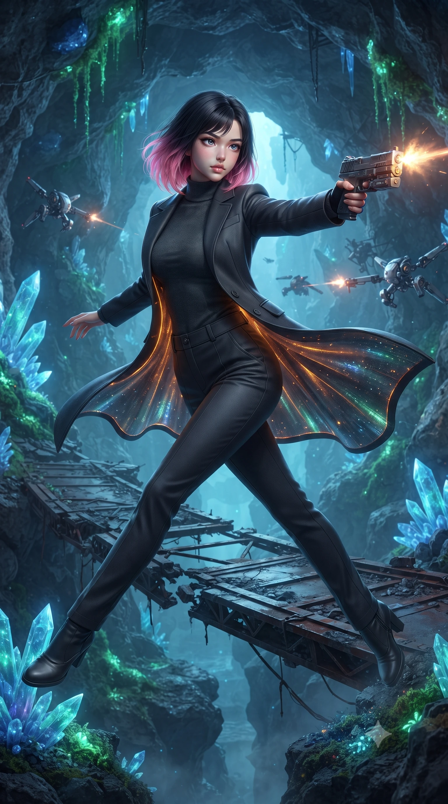 score_9, masterpiece, best quality, ultra-detailed, high-budget anime keyframe, editorial fashion photography, tasteful artistic composition, realistic cosplay photography, Korean woman. low angle full-body shot from head to toe showing her feet, filling the entire 9:16 vertical frame with her statuesque presence, stretching her vertical silhouette. leaping dynamically off a collapsing sky-bridge while firing back at security drones through inside an asteroid cave lined with blue quartz crystals and glowing bioluminescent space moss. She has a statuesque 8.5-heads proportion, an exceptionally tall, slender and willowy model-like build with impossibly long legs and a highly sculpted ultra-slim waist. sharp v-shaped jawline, high-bridge nose, intricate jewel-like eyes with depth, thick eyelashes, glossy lips with a natural sheen. wearing catching and diffusing the glowing particles, shimmering softly in response to the surrounding light, a slim-fit tailored cyber-command long coat in matte charcoal with glowing amber fiber-optic lining, worn over a high-neck dark grey combat turtleneck and straight trousers. soft blue and green glow from the crystals and moss casting organic uplight. ultra-reflective glossy finish, specular highlights, metallic sheen, high-contrast stereoscopic depth, volumetric dynamic lighting, 2k, ultra detail, master piece, 9:16 ratio