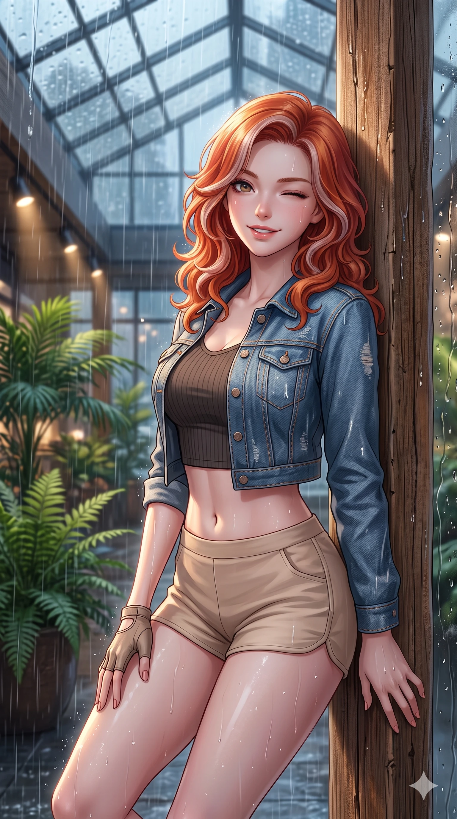 score_9, masterpiece, best quality, ultra-detailed, high-budget anime keyframe, vibrant anime aesthetic, Caucasian woman, strictly human ears. close-up cowboy shot from the waist and thighs up, the character dominates the composition, filling the frame with her large presence, background elements kept in soft focus. She is peering through a rain-streaked window, winking with a playful grin, gazing softly at the camera lens leaning against a rustic wooden column. the background shows a soft-focus modern glass atrium of a hotel lobby filled with tropical plants and warm spotlights, looking at a rain shower (Code-P22-108). She has an absolutely perfect proportion, an exceptionally elegant and slender female figure with an ultra-slim waist. V-shaped jawline, high-bridge nose, intricate jewel-like eyes with depth, thick eyelashes, glossy lips with a natural sheen. wearing a cropped denim jacket over a fitted crop top and short-shorts in soft beige. She is drenched in soft daylight filtering through rain-streaked glass panels, highlighting her V-shaped jawline during the twilight rain. 2k, ultra detail, master piece, 9:16 ratio