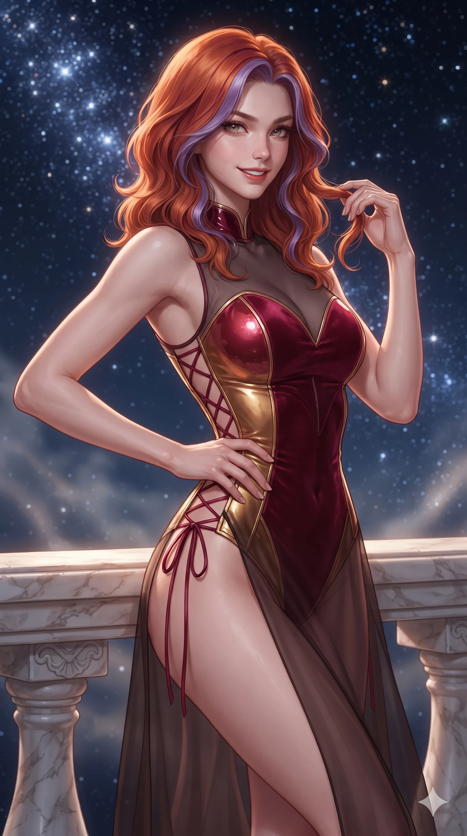 score_9, masterpiece, best quality, ultra-detailed, high-budget anime keyframe, editorial fashion photography, tasteful artistic composition, Caucasian woman. close-up cowboy shot from the waist and thighs up, the character dominates the composition, filling the frame with her large presence. twisting her slender torso in an alluring contrapposto stance, one hand resting on her sculpted hip while her fingers toy with her hair with effortless poise while leaning against the carved marble balustrade with hips cocked back, looking through the deep midnight void at dense star clusters with intoxicating smoldering bedroom-eyes. The background shows a soft-focus faint stardust mist softened in celestial sky-chamber sanctuary shallow focus. She has an exceptionally elegant, slender, and willowy female figure with an ultra-slim waist, flat toned midriff, narrow ribcage, and sculpted feminine hips creating an alluring, slim hourglass silhouette without bulk. sharp v-shaped jawline, high-bridge nose, intricate jewel-like sparkling eyes with depth, thick eyelashes, glossy parted lips with a natural peach sheen, bright cheerful beaming smile with an enchanting and coquettish sensual glint, exuding both youthful cute charm and seductive allure, flawlessly proportioned anatomical accuracy, strict slender model proportions, natural body alignment, perfectly sculpted long slender limbs, ultra-slim waistline, clean dynamic posture without body distortion. wearing a semi-opaque sheer overlay dress worn over a leather micro-bodysuit with high-cut leg openings in royal opera crimson velvet and burnished gold, tailored from high-gloss patent leather with mirror-like specular highlights, featuring fine criss-cross lace-up side ties revealing tantalizing glimpses of her hip curve, the precision-cut side openings and low-back scoop framing her graceful spine and the sensual sweep of her slim, toned hips. bathed in the unpolluted brilliant diamond sparkle of deep space starlight mixed with soft warm 2800K balcony edge lighting. ultra-reflective glossy finish, specular highlights, rich textural contrasts, high-contrast stereoscopic depth, volumetric dynamic lighting, 2k, ultra detail, master piece, 9:16 ratio