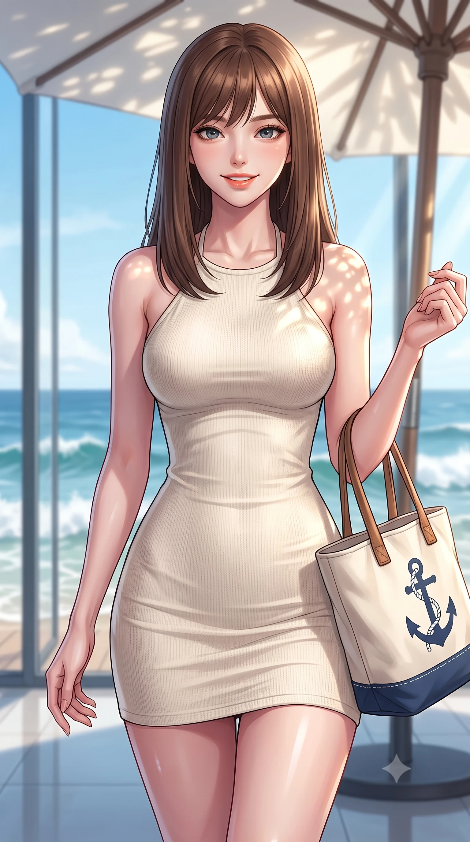 score_9, masterpiece, best quality, ultra-detailed, high-budget anime keyframe, editorial fashion photography, tasteful artistic composition, Korean woman. close-up cowboy shot from the waist and thighs up, the character dominates the composition, filling the frame with her large presence, background elements kept in soft focus. smiling with cute and bright self-assurance, looking directly at the viewer set against a soft-focus background of inside a modern glass beach house looking out at the ocean waves holding a cute canvas tote bag with a nautical anchor print. She has an exceptionally elegant, slender, and willowy female figure with an ultra-slim waist, a gracefully sculpted slender torso, and a refined silhouette. sharp v-shaped jawline, high-bridge nose, intricate jewel-like eyes with depth, thick eyelashes, glossy lips with a natural sheen. wearing slim-fit sleek, tight-fitting knit halter dress in cream, tracing her slender silhouette. dappled sunlight filtering through a beach umbrella onto her shoulders. highly saturated vibrant anime colors, detailed shading with soft gradients, rich glossy textures, high-contrast stereoscopic depth, volumetric dynamic lighting, master piece, 9:16 ratio