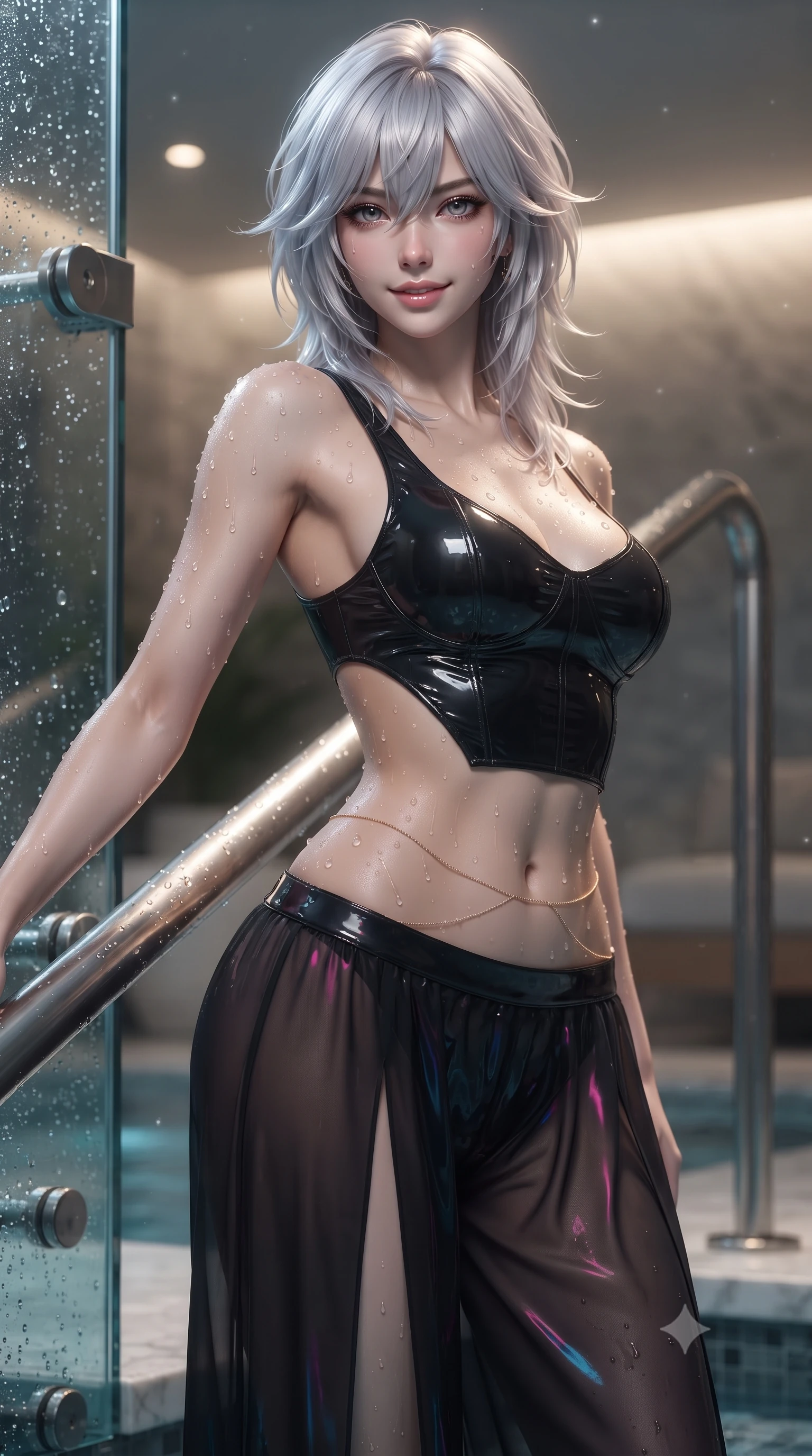 score_9, masterpiece, best quality, ultra-detailed, high-budget anime keyframe, editorial fashion photography, tasteful artistic composition, Japanese woman. close-up cowboy shot from the waist and thighs up, the character dominates the composition, filling the frame with her large presence. turning slowly with an enchanting smoldering smile, her glossy hair tossing in the breeze as her hips angle gracefully in a captivating contrapposto while twisting her slender torso in an alluring S-curve, mineral water droplets beading across her sculpted bare shoulders, flat midriff, and hips. The surrounding environment is rendered in vivid detail and crisp panoramic clarity: sharp structural glass joint bolts, brushed titanium handrail gleam, and glistening water droplets on toned skin in deep focus. She has an exceptionally elegant, slender, and willowy female figure with an ultra-slim waist, flat toned midriff, narrow ribcage, and sculpted feminine hips creating an alluring, slim hourglass silhouette without bulk. sharp v-shaped jawline, high-bridge nose, sparkling eyes with hypnotic seductive depth, thick curled eyelashes, glossy parted lips with a natural dewy peach sheen, alluring bedroom-eyes with an enchanting coquettish smile, exuding magnetic siren charisma and sophisticated glamour, flawlessly proportioned anatomical accuracy, strict slender model proportions, natural body alignment, perfectly sculpted long slender limbs, ultra-slim waistline, clean dynamic posture without body distortion. wearing a wet-look form-fitting vinyl bustier paired with sheer chiffon high-slit wide-leg trousers in wet-look onyx black with electric magenta reflections, crafted from wet-look high-gloss vinyl fabric with dazzling specular surface reflections, accented with a dainty gold belly chain resting across her flat midriff and curving hips, the precision-cut side openings and low-back scoop framing her graceful spine and the sensual sweep of her slim, toned hips. bathed in soft underwater 3200K warm white hydro-spa glow mixed with celestial starlight fill. ultra-reflective glossy finish, specular highlights, rich textural contrasts, high-contrast stereoscopic depth, volumetric dynamic lighting, 2k, ultra detail, master piece, 9:16 ratio