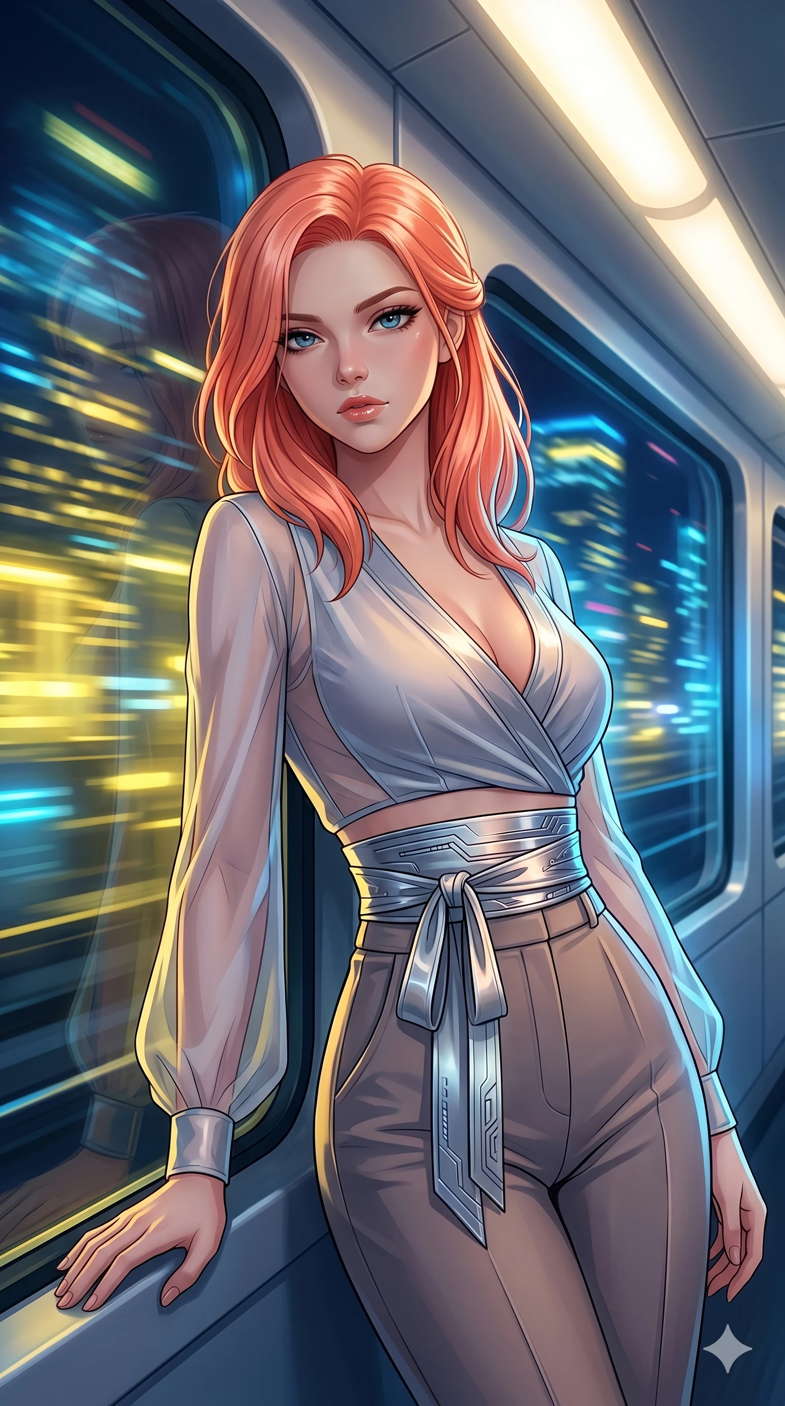 score_9, masterpiece, best quality, ultra-detailed, high-budget anime keyframe, editorial fashion photography, tasteful artistic composition, Japanese woman. Upper body close-up from the thighs up, character filling the screen for maximum presence. She is leaning against a train window in a speeding magnetic train, with city neon lights blurring outside. She turns her face to the camera with a sultry, contemplative expression. She has an absolutely perfect 8-heads proportion, an exceptionally tall and slender female figure with impossibly long slender legs and an ultra-slim waist. V-shaped jawline, high-bridge nose, intricate jewel-like eyes with depth, thick eyelashes, glossy lips with a natural sheen. She is wearing a shortened cyber-fusion wrap top with transparent chiffon panels, a deep crossover neckline, and a high-waisted metallic sash that accentuates her ultra-slim waist. The scene is bathed in passing yellow and blue city lights and a soft glowing interior ceiling light. 2k, ultra detail, master piece, 9:16 ratio