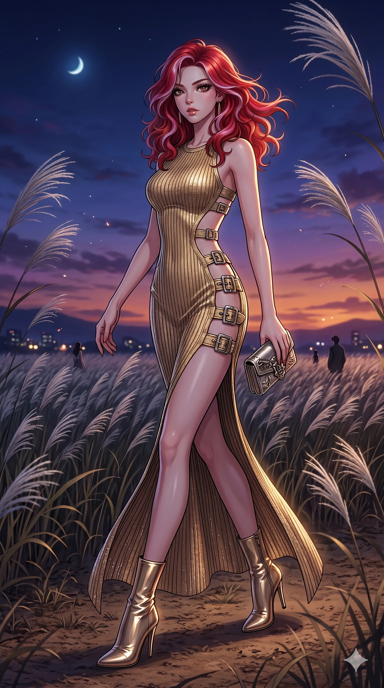 score_9, masterpiece, best quality, ultra-detailed, High-budget Anime Keyframe, East Asian woman. Dynamic full-body shot stretching the vertical silhouette to the limit. Scenario 218: Walking through a field of tall silver grass at twilight. Her presence is magnetic and overpowering in this high-budget anime scene. Outfit 218: A ribbed bodycon knit gold with a strategic side cut-outs and metallic buckles. The clothing is designed to emphasize her exceptionally tall and slender 8-heads proportion. 8-heads proportion, towering silhouette, ultra-slim waist. sharp v-shaped jawline, intricate jewel-like eyes with depth, thick eyelashes, glossy lips. 2k, ultra detail, master piece, 9:16 ratio