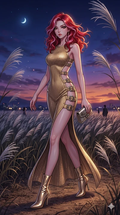 score_9, masterpiece, best quality, ultra-detailed, High-budget Anime Keyframe, East Asian woman. Dynamic full-body shot stretching the vertical silhouette to the limit. Scenario 218: Walking through a field of tall silver grass at twilight. Her pres
