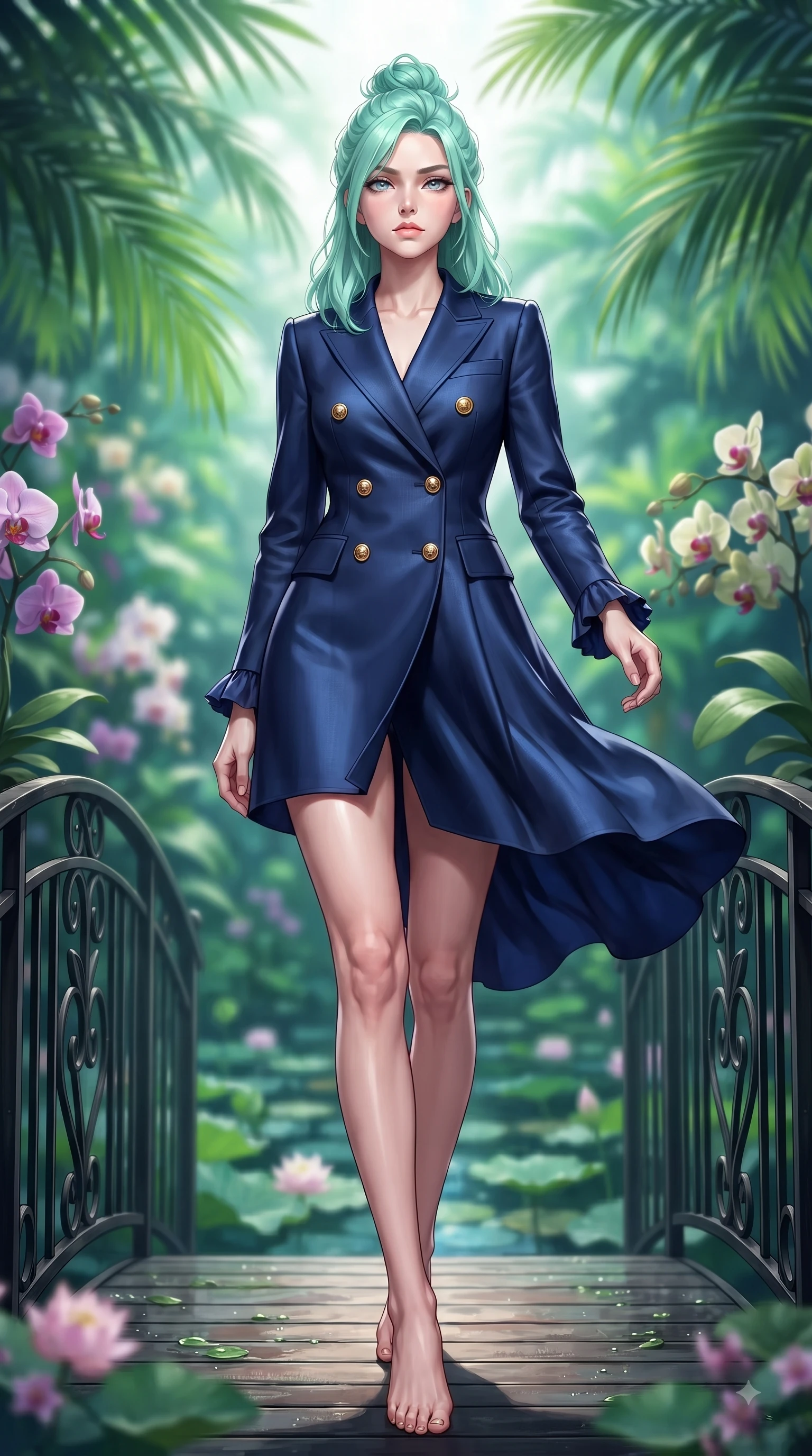 score_9, masterpiece, best quality, ultra-detailed, high-budget anime keyframe, editorial fashion photography, tasteful artistic composition, Japanese woman. low angle full-body shot from head to toe showing her feet, filling the entire 9:16 vertical frame with her statuesque presence, stretching her vertical silhouette. Cool disdainful expression looking past the camera with effortless superiority and a stoic facial line while pivoting gracefully on a wrought-iron bridge over a lotus pond dripping with morning dew. The composition keeps background elements in soft focus with dreamy bokeh. exotic orchids and tropical palm leaves blurred into a dreamy emerald and jade background bokeh. She has an absolutely perfect, statuesque 8.5-heads proportion, an exceptionally tall and slender model-like female figure with impossibly long slender legs and an ultra-slim waist. sharp v-shaped jawline, high-bridge nose, intricate jewel-like eyes with depth, thick eyelashes, glossy lips with a natural sheen, flawlessly proportioned anatomical accuracy, natural body alignment, perfectly sculpted elegant limbs, clean dynamic posture without body distortion. wearing a royal navy blue double-breasted blazer dress accented with gold crest buttons in deep amethyst purple and rose gold, crafted from soft breathable Italian linen, accented with delicate pearl buttons and refined ruffle trims, the fluid drape swaying gracefully with her dynamic editorial movement. surrounded by a lush, vibrant, and enchanting garden editorial ambiance. ultra-reflective glossy finish, specular highlights, metallic sheen, high-contrast stereoscopic depth, volumetric dynamic lighting, 2k, ultra detail, master piece, 9:16 ratio