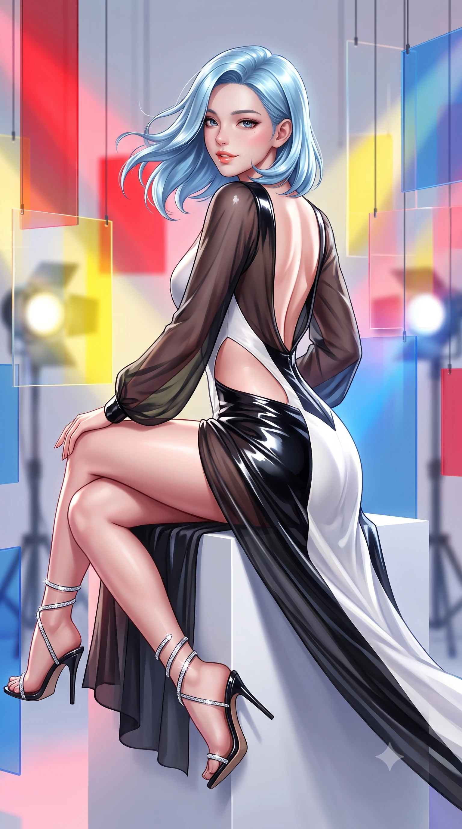 score_9, masterpiece, best quality, ultra-detailed, high-budget anime keyframe, semi-realistic 3D game render, editorial fashion photography, tasteful artistic composition, Korean woman. close-up cowboy shot from the waist and thighs up, the character dominates the composition, filling the frame with her large presence. turning slowly with an enchanting smoldering smile, her glossy hair tossing in the breeze as her hips angle gracefully in a captivating contrapposto while sitting perched on a minimalist white cube with legs crossed, flashing a playful, teasing smile with glossy parted lips. The background shows a soft-focus modern art spotlights softened in vibrant De Stijl shallow focus. She has an exceptionally elegant, slender, and willowy female figure with an ultra-slim waist, flat toned midriff, narrow ribcage, and sculpted feminine hips creating an alluring, slim hourglass silhouette without bulk. sharp v-shaped jawline, high-bridge nose, sparkling eyes with hypnotic seductive depth, thick curled eyelashes, glossy parted lips with a natural dewy peach sheen, alluring bedroom-eyes with an enchanting coquettish smile, exuding magnetic siren charisma and sophisticated glamour, flawlessly proportioned anatomical accuracy, strict slender model proportions, natural body alignment, perfectly sculpted long slender limbs, ultra-slim waistline, clean dynamic posture without body distortion. wearing a deep V-neck sheer gossamer chiffon vampire dress with an open-back scoop and dramatic flowing side leg slit in high-contrast minimalist monochrome black and pure alabaster white, crafted from wet-look high-gloss vinyl fabric with dazzling specular surface reflections, complemented by strappy stiletto sandals with crystal ankle wraps accentuating her slender calves, the precision-cut side openings and low-back scoop framing her graceful spine and the sensual sweep of her slim, toned hips. bathed in shifting primary-color light beams transmitted through suspended translucent acrylic panels. highly saturated vibrant anime colors, detailed shading with soft gradients, rich glossy textures, high-contrast stereoscopic depth, volumetric dynamic lighting, master piece, 9:16 ratio