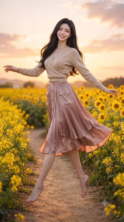 score_9, masterpiece, best quality, ultra-detailed, high-budget anime keyframe, editorial fashion photography, tasteful artistic composition, Korean woman. low angle full-body shot from head to toe showing her feet, filling the entire 9:16 vertical f