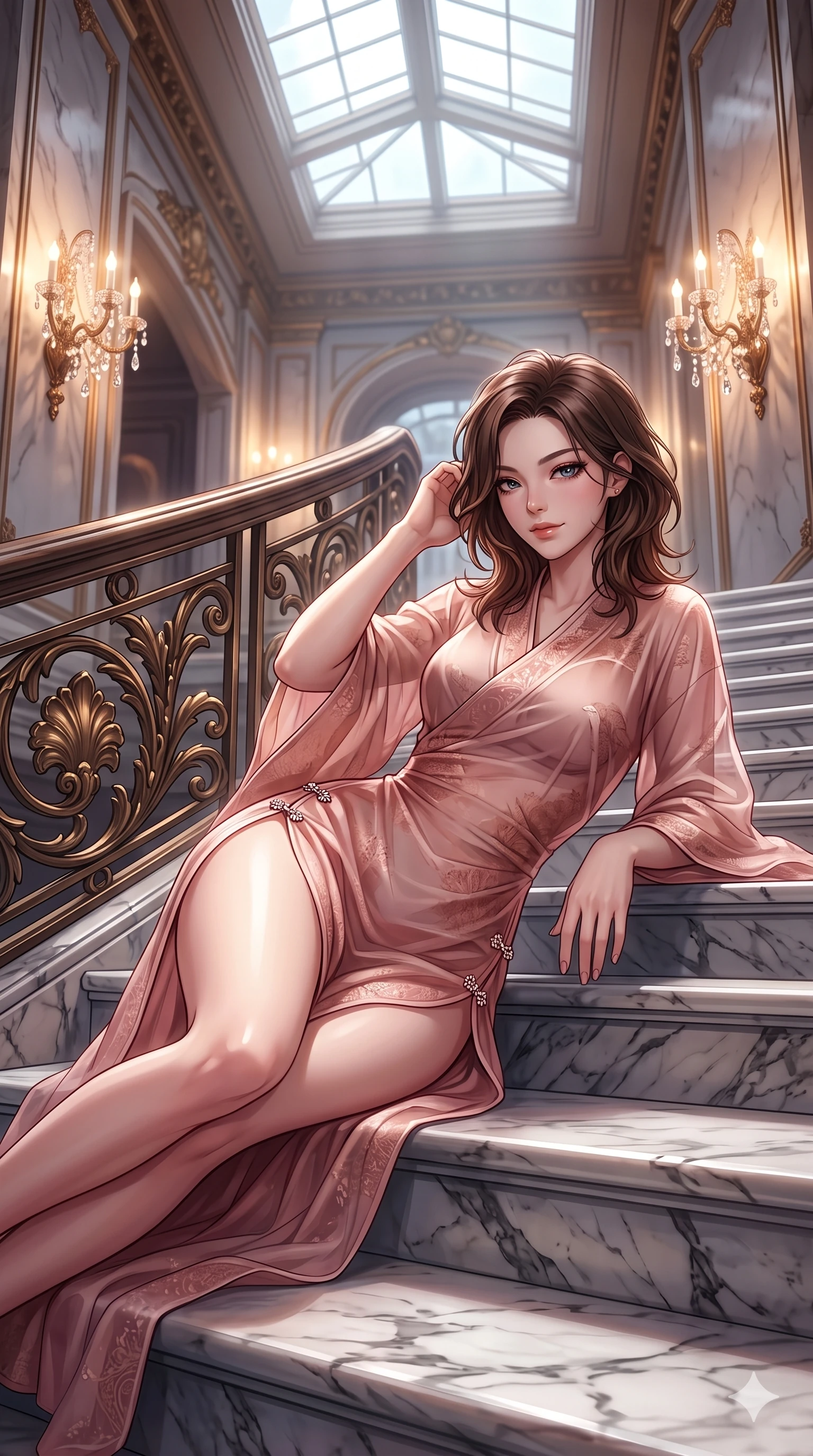 score_9, masterpiece, best quality, ultra-detailed, high-budget anime keyframe, semi-realistic 3D game render, editorial fashion photography, tasteful artistic composition, Korean woman. close-up cowboy shot from the waist and thighs up, the character dominates the composition, filling the frame with her large presence. gently brushing a lock of hair behind her ear while casting a playful, flirtatious side-gaze with long eyelashes while reclining on the broad marble stair landing propped on one elbow, her long slender legs and sculpted waist commanding the opulent Belle Époque space. The surrounding environment is rendered in vivid detail and crisp panoramic clarity: sharp marble step vein textures, crisp cast-bronze acanthus leaf details, and crystal wall sconce facets in deep focus. She has an exceptionally elegant, slender, and willowy female figure with an ultra-slim waist, flat toned midriff, narrow ribcage, and sculpted feminine hips creating an alluring, slim hourglass silhouette without bulk. sharp v-shaped jawline, high-bridge nose, intricate jewel-like sparkling eyes with depth, thick eyelashes, glossy parted lips with a natural sheen, intensely captivating and seductive bedroom-eyes expression, exuding both youthful cute charm and sovereign luxury allure, flawlessly proportioned anatomical accuracy, strict slender model proportions, natural body alignment, perfectly sculpted long slender limbs, ultra-slim waistline, clean dynamic posture without body distortion. wearing a delicate semi-translucent silk yukata that clings to her wet skin and curvy hip contours in rose-quartz blush and burnished copper, made of delicate semi-sheer nanotech mesh with microscopic hexagonal weaves, finished with an ultra-high side slit secured by miniature jeweled clasps, the liquid-tight tailored fabric clinging flawlessly to her narrow waist and rounded feminine hips, emphasizing every millimeter of her sculpted slim hourglass curves without any bulky heaviness. bathed in the warm luminous glow of crystal wall sconces and grand overhead skylights filtering soft diffuse daylight. highly saturated vibrant anime colors, detailed shading with soft gradients, rich glossy textures, high-contrast stereoscopic depth, volumetric dynamic lighting, master piece, 9:16 ratio