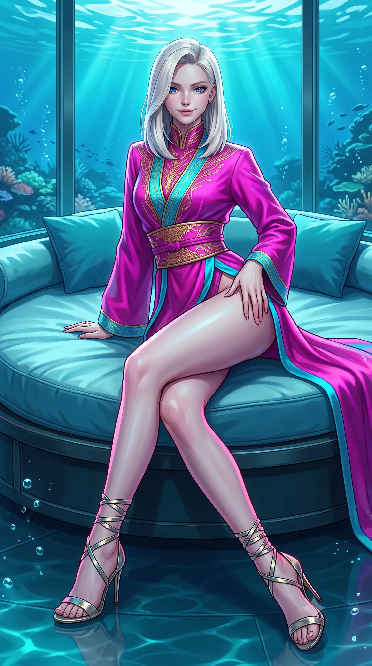 score_9, masterpiece, best quality, ultra-detailed, high-budget anime keyframe, editorial fashion photography, tasteful artistic composition, Caucasian woman. close-up cowboy shot from the waist and thighs up, the character dominates the composition, filling the frame with her large presence. tilting her head with a teasing half-smile, running one hand slowly down the side of her hip in a flirtatious S-curve as ambient light caresses her silhouette while lounging gracefully across the circular daybed propped on one elbow with legs extended, displaying her long slender limbs and statuesque hourglass silhouette against the reef. The surrounding environment is rendered in vivid detail and crisp panoramic clarity: detailed outfit textures, second-skin fit, and world-class underwater pavilion design in high resolution. She has an exceptionally elegant, slender, and willowy female figure with an ultra-slim waist, flat toned midriff, narrow ribcage, and sculpted feminine hips creating an alluring, slim hourglass silhouette without bulk. sharp v-shaped jawline, high-bridge nose, intricate jewel-like sparkling eyes with depth, thick eyelashes, glossy parted lips with a natural peach sheen, bright cheerful beaming smile with an enchanting and coquettish sensual glint, exuding both youthful cute charm and seductive allure, flawlessly proportioned anatomical accuracy, strict slender model proportions, natural body alignment, perfectly sculpted long slender limbs, ultra-slim waistline, clean dynamic posture without body distortion. wearing an elegant high-neck cyber-kimono coat with integrated gold fiber-optic embroidery and wide obi belt in Neo-Tokyo neon magenta and electric cyan, crafted from bespoke double-faced cashmere with an exceptionally soft tactile finish, complemented by strappy stiletto sandals with metallic ankle wraps accentuating her slender calves, the impeccably tailored cut draping gracefully along her slender figure with aristocratic poise. illuminated by turquoise water reflection bounce and sharp neon-pink rim lights defining her jawline, narrow waist, and curvy hips. ultra-reflective glossy finish, specular highlights, rich textural contrasts, high-contrast stereoscopic depth, volumetric dynamic lighting, 2k, ultra detail, master piece, 9:16 ratio