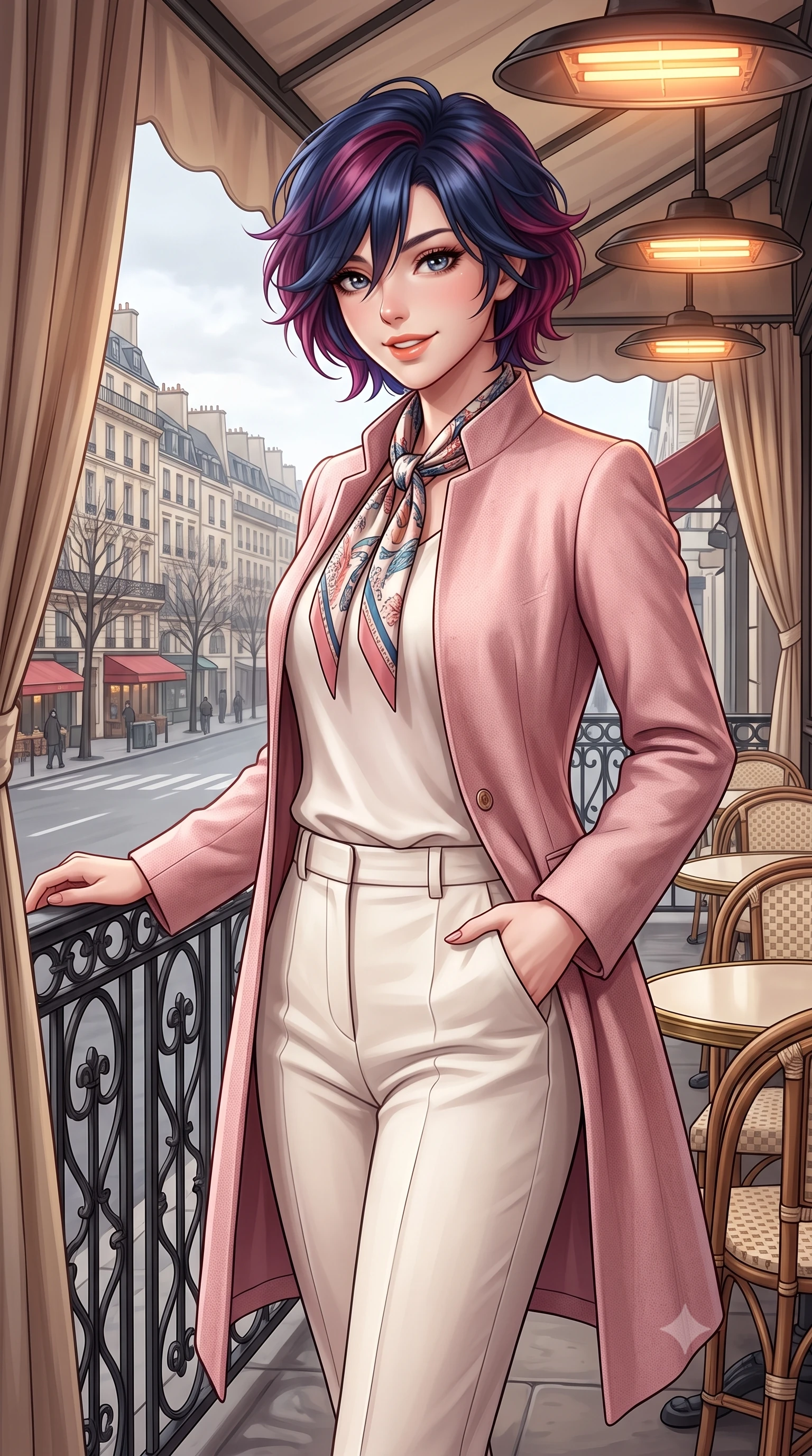 score_9, masterpiece, best quality, ultra-detailed, high-budget anime keyframe, semi-realistic 3D game render, editorial fashion photography, tasteful artistic composition, Korean woman. close-up cowboy shot from the waist and thighs up, the character dominates the composition, filling the frame with her large presence. standing poised with one hand slipped into her tailored trouser pocket, head tilted in a friendly, engaging expression while standing beside the wrought-iron café railing looking out over Boulevard Saint-Germain, turning with playful coquettish charm. The surrounding environment is rendered in vivid detail and crisp panoramic clarity: detailed silk pussy-bow blouse drape, tailored A-line wool skirt pleats, and authentic Parisian street furniture in high resolution. She has an exceptionally elegant, slender, and willowy female figure with an ultra-slim waist, flat toned midriff, narrow ribcage, and sculpted feminine hips creating an alluring, slim hourglass silhouette without bulk. sharp v-shaped jawline, high-bridge nose, intricate jewel-like sparkling eyes with depth, thick eyelashes, glossy parted lips with a natural peach sheen, bright cheerful beaming smile with an enchanting and coquettish sensual glint, exuding both youthful cute charm and seductive allure, flawlessly proportioned anatomical accuracy, strict slender model proportions, natural body alignment, perfectly sculpted long slender limbs, ultra-slim waistline, clean dynamic posture without body distortion. wearing a stand-collar tailored linen-silk coat layered over a minimalist silk tunic and straight-leg pressed trousers in Parisian pastel rose bouclé and cream pearl, made of crisp Egyptian cotton poplin with pristine tailored pressing, finished with a printed silk twilly scarf knotted gracefully around her neck, the streamlined silhouette following her natural slender proportions with sophisticated poise, enhancing her tall willowy presence. bathed in soft overcast Parisian natural daylight warmed by glowing overhead outdoor patio heaters. highly saturated vibrant anime colors, detailed shading with soft gradients, rich glossy textures, high-contrast stereoscopic depth, volumetric dynamic lighting, master piece, 9:16 ratio