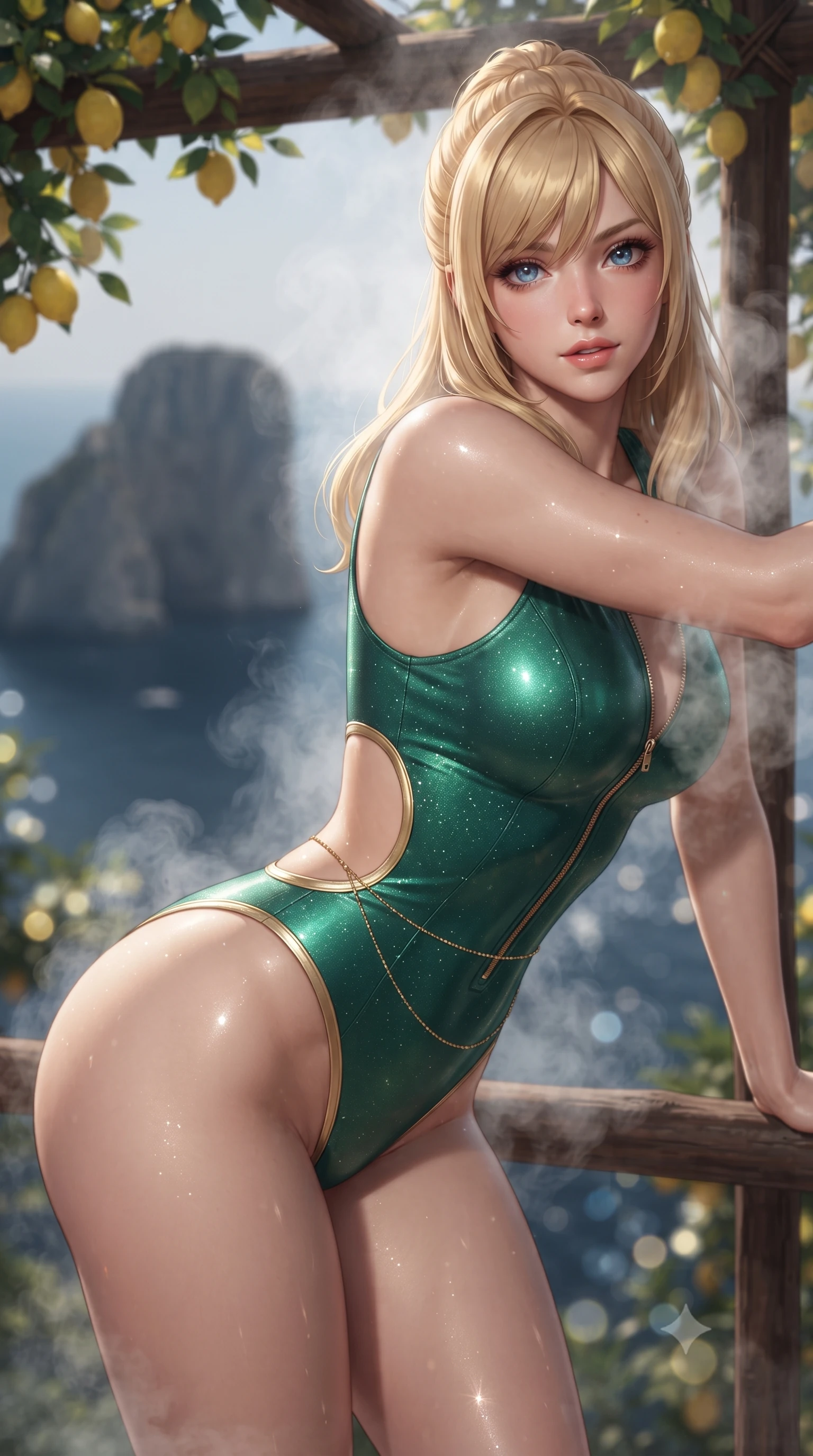 score_9, masterpiece, best quality, ultra-detailed, high-budget anime keyframe, editorial fashion photography, tasteful artistic composition, Caucasian woman. close-up cowboy shot from the waist and thighs up, the character dominates the composition, filling the frame with her large presence. leaning forward while arching her lower back to accentuate her curvy hips, looking into the camera with an intoxicating smoldering gaze and bedroom-eyes while leaning back against the fragrant lemon tree trellis with hips cocked back, looking through rising mineral steam with an intoxicating bedroom-gaze. The background shows a soft-focus monumental Faraglioni limestone sea stacks rising from the dark sea, fragrant yellow lemon trees on rustic chestnut pergolas, and coastal fog blurred into lemon-gold, azure, and silver bokeh. She has an exceptionally elegant, slender, and willowy female figure with an ultra-slim waist, flat toned midriff, narrow ribcage, and sculpted feminine hips creating an alluring, slim hourglass silhouette without bulk. sharp v-shaped jawline, high-bridge nose, sparkling eyes with hypnotic seductive depth, thick curled eyelashes, glossy parted lips with a natural dewy peach sheen, alluring bedroom-eyes with an enchanting coquettish smile, exuding magnetic siren charisma and sophisticated glamour, flawlessly proportioned anatomical accuracy, strict slender model proportions, natural body alignment, perfectly sculpted long slender limbs, ultra-slim waistline, clean dynamic posture without body distortion. wearing a form-contouring wet-look neoprene zip-front maillot with high-cut leg openings and gold racing side trims in Monaco casino emerald and royal champagne, woven from stretch metallic lurex jersey casting radiant starlight glints across her silhouette, accented with a dainty gold belly chain resting across her flat midriff and curving hips, the precision-cut side openings and low-back scoop framing her graceful spine and the sensual sweep of her slim, toned hips. illuminated by water surface reflection caustics and sharp platinum rim lights sculpting her jawline, flat midriff, and voluptuous hip curves. ultra-reflective glossy finish, specular highlights, rich textural contrasts, high-contrast stereoscopic depth, volumetric dynamic lighting, 2k, ultra detail, master piece, 9:16 ratio