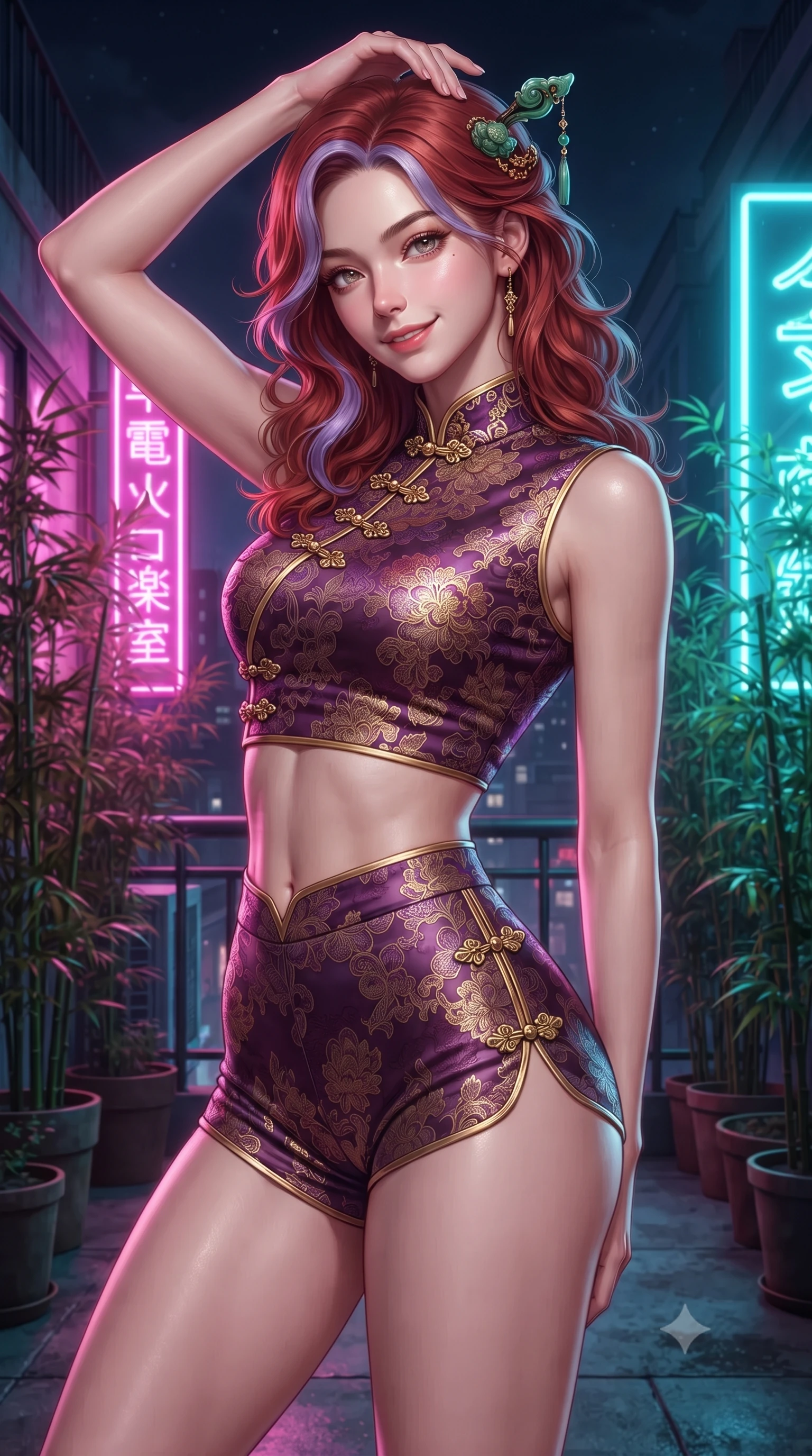 score_9, masterpiece, best quality, ultra-detailed, high-budget anime keyframe, editorial fashion photography, tasteful artistic composition, Caucasian woman. close-up cowboy shot from the waist and thighs up, the character dominates the composition, filling the frame with her large presence. tilting her head with an alluring smile while arching her spine with dancer poise, one hand touching her ornate jade hairpin in a flirtatious S-curve while twisting her slender torso in an alluring contrapposto stance among potted bamboo, vertical neon signs painting her curves in electric pink and cyan. The surrounding environment is rendered in vivid detail and crisp panoramic clarity: sharp neon glass tube filaments, wet concrete roof textures, and iron railing bolts in deep focus. She has an exceptionally elegant, slender, and willowy female figure with an ultra-slim waist, flat toned midriff, narrow ribcage, and sculpted feminine hips creating an alluring, slim hourglass silhouette without bulk. sharp v-shaped jawline, high-bridge nose, intricate jewel-like dark sparkling almond eyes with depth, thick lashes, glossy parted lips with a natural rose-plum sheen, bright alluring and coquettish smile with bedroom-eyes, exuding both timeless oriental elegance and sovereign high-fashion allure, flawlessly proportioned anatomical accuracy, strict slender model proportions, natural body alignment, perfectly sculpted long slender limbs, ultra-slim waistline, clean dynamic posture without body distortion. wearing a modern tailored martial-arts-inspired wrap crop top paired with skin-tight high-cut combat shorts and silk sashes in rich plum violet and gilded bronze embroidery, woven from delicate semi-opaque floral lace with oriental peony patterns, accented with intricate gold frog buttons and a delicate mandarin collar, the liquid-tight tailored silk fabric clinging flawlessly to her narrow waist and rounded feminine hips, emphasizing every millimeter of her sculpted slim hourglass curves without any bulky heaviness. illuminated by rooftop garden amber accents and sharp laser-cyan rim lighting sculpting her razor-sharp jawline, narrow waist, and curvy hips. ultra-reflective glossy finish, specular highlights, rich textural contrasts, high-contrast stereoscopic depth, volumetric dynamic lighting, 2k, ultra detail, master piece, 9:16 ratio