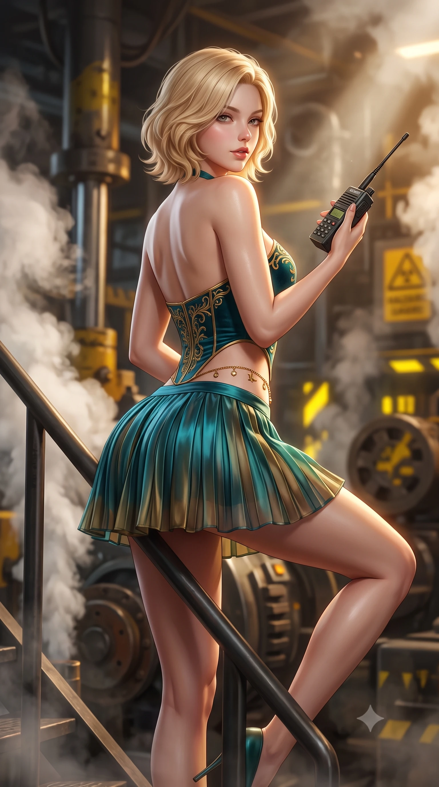 score_9, masterpiece, best quality, ultra-detailed, high-budget anime keyframe, semi-realistic 3D game render, editorial fashion photography, tasteful artistic composition, Caucasian woman. close-up cowboy shot from the waist and thighs up, the character dominates the composition, filling the frame with her large presence. posing in an alluring rear three-quarter angle, looking over a bare shoulder with parted glossy lips, her hips cocked back to highlight her slim hourglass curve while perched sideways on the steel stairway railing with one leg extended, holding a tactical radio with dangerous coquettish cool. The background shows a soft-focus billowing steam clouds, massive hydraulic pistons, and glowing hazard yellow paint blurred into charcoal, sulphur, and amber bokeh. She has an exceptionally elegant, slender, and willowy female figure with an ultra-slim waist, flat toned midriff, narrow ribcage, and sculpted feminine hips creating an alluring, slim hourglass silhouette without bulk. sharp v-shaped jawline, high-bridge nose, sparkling eyes with hypnotic seductive depth, thick curled eyelashes, glossy parted lips with a natural dewy peach sheen, alluring bedroom-eyes with an enchanting coquettish smile, exuding magnetic siren charisma and sophisticated glamour, flawlessly proportioned anatomical accuracy, strict slender model proportions, natural body alignment, perfectly sculpted long slender limbs, ultra-slim waistline, clean dynamic posture without body distortion. wearing a structured velvet ballet bodice with gold filigree embroidery paired with an airy knife-pleated organza mini skirt in iridescent peacock teal and burnished antique brass, crafted from fluid liquid silk satin that clings smoothly to every curve with a dewy sheen, accented with a dainty gold belly chain resting across her flat midriff and curving hips, the precision-cut side openings and low-back scoop framing her graceful spine and the sensual sweep of her slim, toned hips. bathed in warm halogen work-lights cutting through dramatic shafts of white pressurized steam. highly saturated vibrant anime colors, detailed shading with soft gradients, rich glossy textures, high-contrast stereoscopic depth, volumetric dynamic lighting, master piece, 9:16 ratio