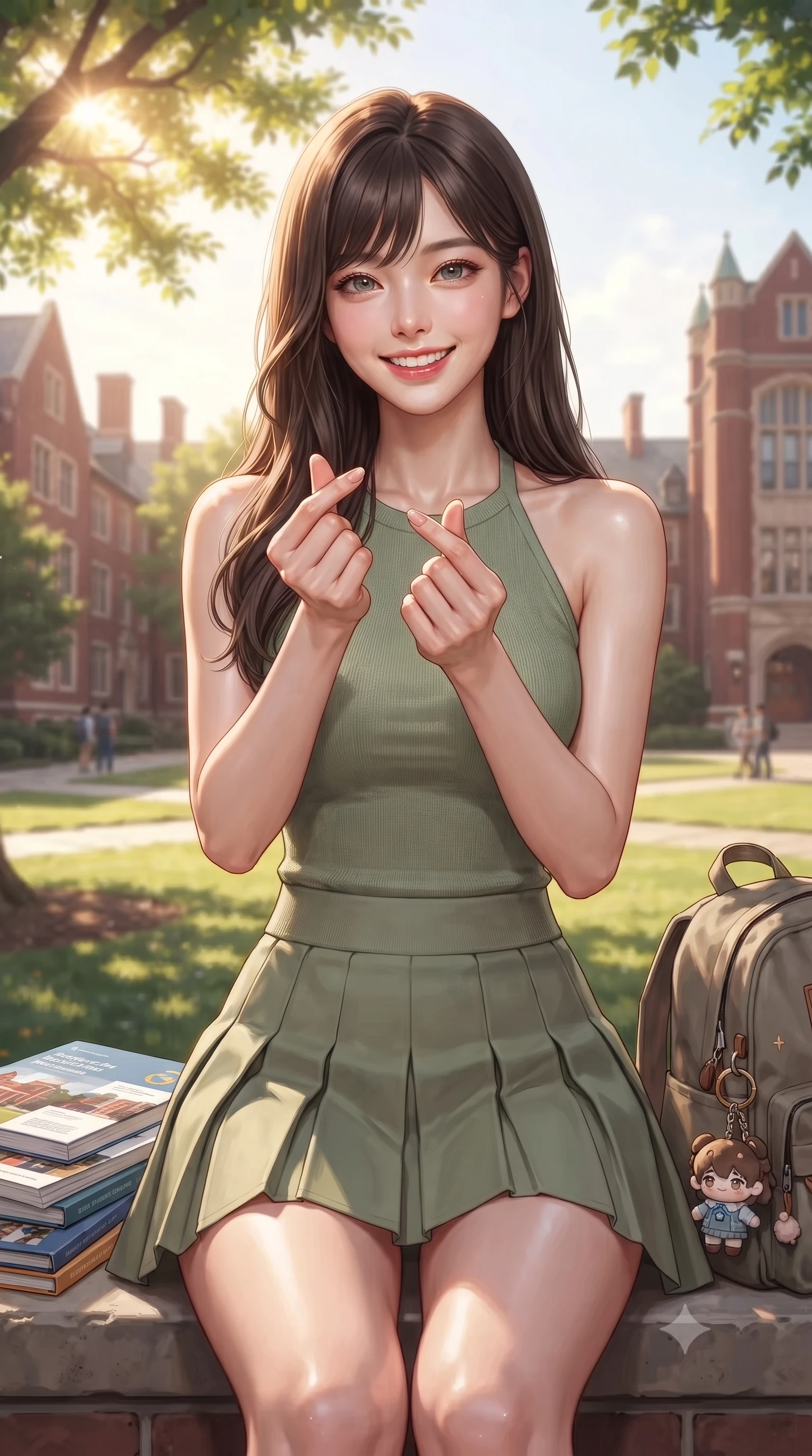 score_9, masterpiece, best quality, ultra-detailed, high-budget anime keyframe, editorial fashion photography, tasteful artistic composition, Korean woman. close-up cowboy shot from the waist and thighs up, the character dominates the composition, filling the frame with her large presence, background elements kept in soft focus. flashing a bright, sunny grin, holding her fingers in a cute small heart shape set against a soft-focus background of on a sun-drenched university campus quad surrounded by historic red-brick lecture halls with a pile of student brochures and a cute key ring on her backpack. She has an exceptionally elegant, slender, and willowy female figure with an ultra-slim waist, a gracefully sculpted slender torso, and a refined silhouette. sharp v-shaped jawline, high-bridge nose, intricate jewel-like eyes with depth, thick eyelashes, glossy lips with a natural sheen. wearing slim-fit tailored halter knit top in sage green, paired with a pleated mini skirt. warm morning sunbeams filtering through the leafy tree canopy. ultra-reflective glossy finish, specular highlights, metallic sheen, high-contrast stereoscopic depth, volumetric dynamic lighting, 2k, ultra detail, master piece, 9:16 ratio