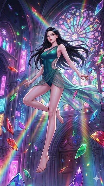 score_9, masterpiece, best quality, ultra-detailed, Set C: High-budget Anime Keyframe, Korean woman. Low angle cowboy shot filling the entire 9:16 frame with her statuesque presence. Leaping through shattered stained glass of a neon-lit cathedral wit