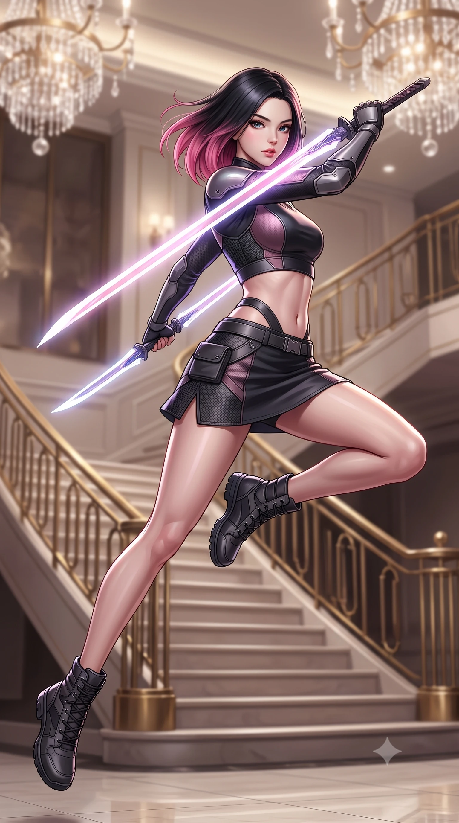 score_9, masterpiece, best quality, ultra-detailed, high-budget anime keyframe, editorial fashion photography, tasteful artistic composition, Korean woman. low angle full-body shot from head to toe showing her feet, filling the entire 9:16 vertical frame with her statuesque presence, stretching her vertical silhouette. leaping forward while slashing with a twin-bladed plasma sword in mid-air, her body-contouring suit showing her athletic silhouette, the background shows a soft-focus a grand staircase lobby with brass railings and crystal chandeliers in soft focus. She has an absolutely perfect, statuesque 8.5-heads proportion, an exceptionally tall and slender model-like female figure with impossibly long slender legs and an ultra-slim waist. sharp v-shaped jawline, high-bridge nose, intricate jewel-like eyes with depth, thick eyelashes, glossy lips with a natural sheen. wearing a slim-fit modern carbon-alloy crop top paired with a low-rise tactical skirt and a subtle waist cut-out. soft spotlighting highlighting the silk textures of her elegant outfit. highly saturated vibrant anime colors, detailed shading with soft gradients, rich glossy textures, high-contrast stereoscopic depth, volumetric dynamic lighting, master piece, 9:16 ratio