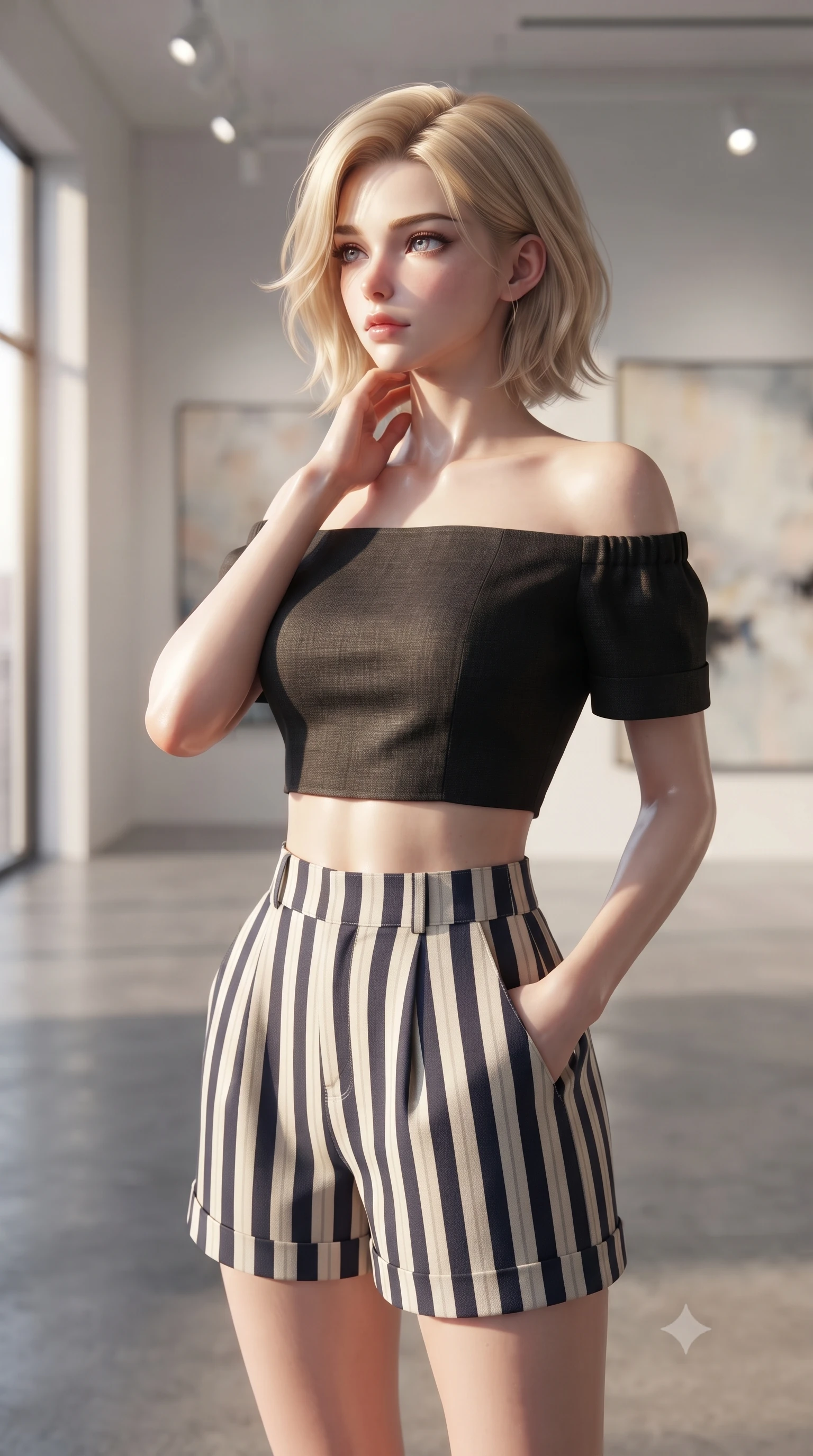 score_9, masterpiece, best quality, ultra-detailed, high-budget anime keyframe, editorial fashion photography, tasteful artistic composition, Caucasian woman woman. close-up cowboy shot from the waist and thighs up, the character dominates the composition, filling the frame with her large presence, background elements kept in soft focus. looking past the camera with a peaceful, thoughtful gaze, enjoying the warm sunlight the background shows a soft-focus a minimalist gallery hall with polished concrete floors and large abstract paintings in soft focus. She has an exceptionally elegant, slender, and willowy female figure with an ultra-slim waist, a gracefully sculpted slender torso, and a refined silhouette. sharp v-shaped jawline, high-bridge nose, intricate jewel-like eyes with depth, thick eyelashes, glossy lips with a natural sheen. wearing a tailored chic off-shoulder crop top in black linen, paired with high-waisted striped resort shorts. clean white gallery spotlights contrasting with soft ambient shadow. ultra-reflective glossy finish, specular highlights, metallic sheen, high-contrast stereoscopic depth, volumetric dynamic lighting, 2k, ultra detail, master piece, 9:16 ratio