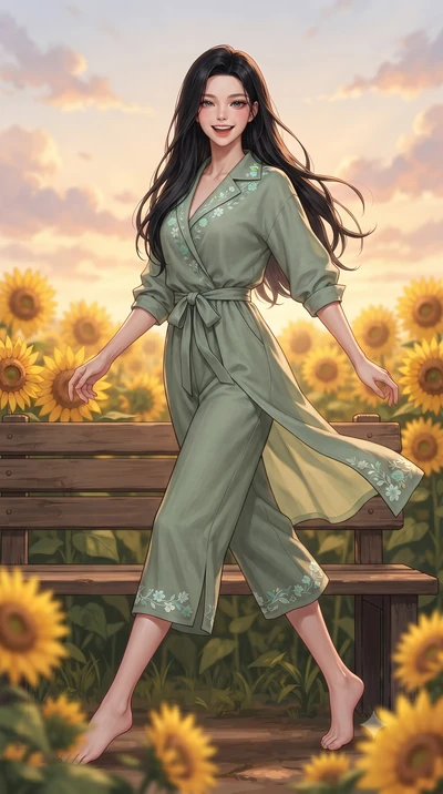 score_9, masterpiece, best quality, ultra-detailed, high-budget anime keyframe, editorial fashion photography, tasteful artistic composition, Korean woman. low angle full-body shot from head to toe showing her feet, filling the entire 9:16 vertical f