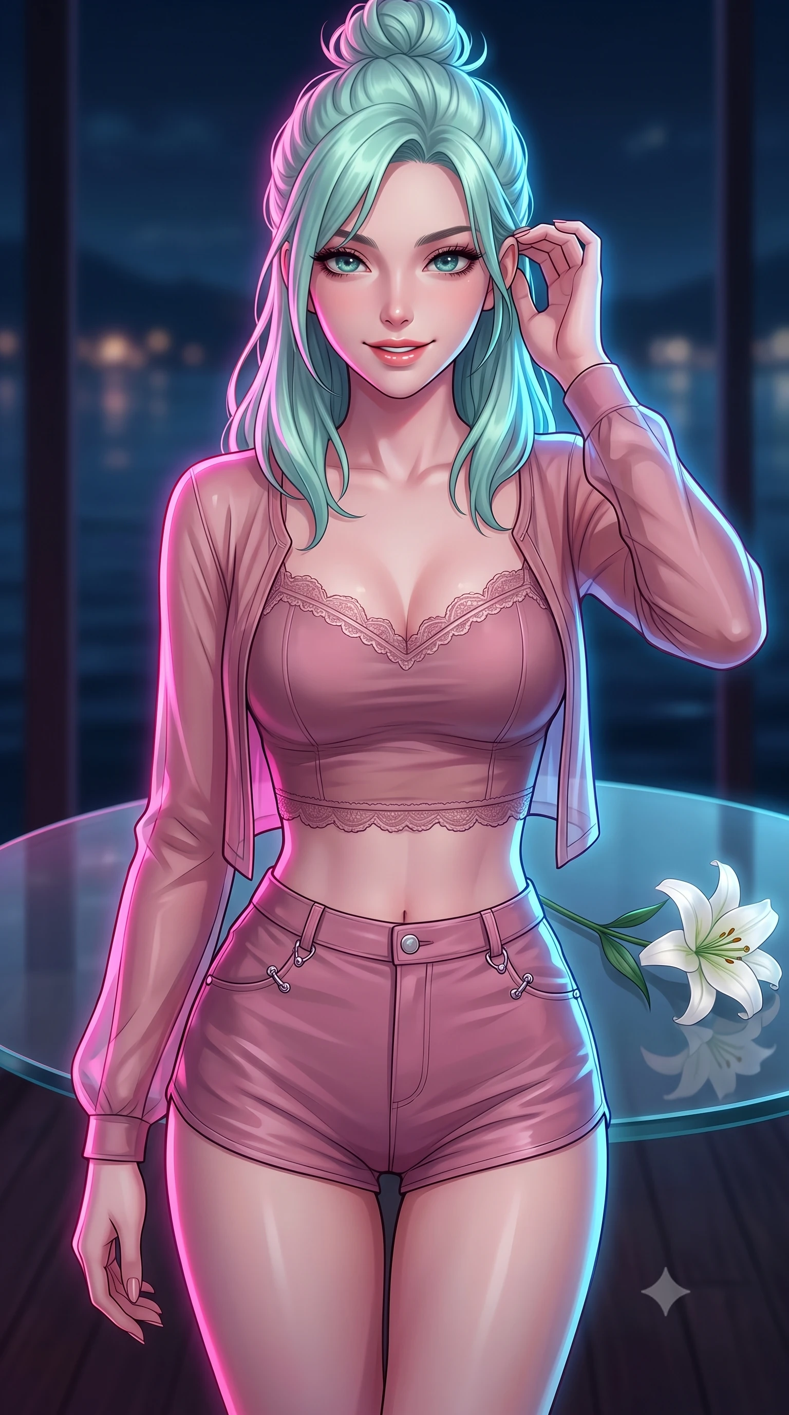 score_9, masterpiece, best quality, ultra-detailed, high-budget anime keyframe, editorial fashion photography, tasteful artistic composition, Japanese woman. close-up cowboy shot from the waist and thighs up, the character dominates the composition, filling the frame with her large presence, background elements kept in soft focus. flashing a warm, intoxicating grin while gently tucking a strand of hair behind her ear set against a soft-focus background of inside an exclusive lakeside pier with a single long-stemmed white lily resting against a polished glass surface. She has an exceptionally elegant, slender, and willowy female figure with an ultra-slim waist, a gracefully sculpted slender torso, and a refined silhouette. sharp v-shaped jawline, high-bridge nose, intricate jewel-like eyes with depth, thick eyelashes, glossy lips with a natural sheen. wearing slim-fit dusty rose sheer organza delicate lace-trim crop top worn under a sheer organza cardigan with high-waist micro-shorts accented with delicate silver hardware. drenched in dramatic neon rim-lighting that traces the sleek contours of her figure. highly saturated vibrant anime colors, detailed shading with soft gradients, rich glossy textures, high-contrast stereoscopic depth, volumetric dynamic lighting, master piece, 9:16 ratio