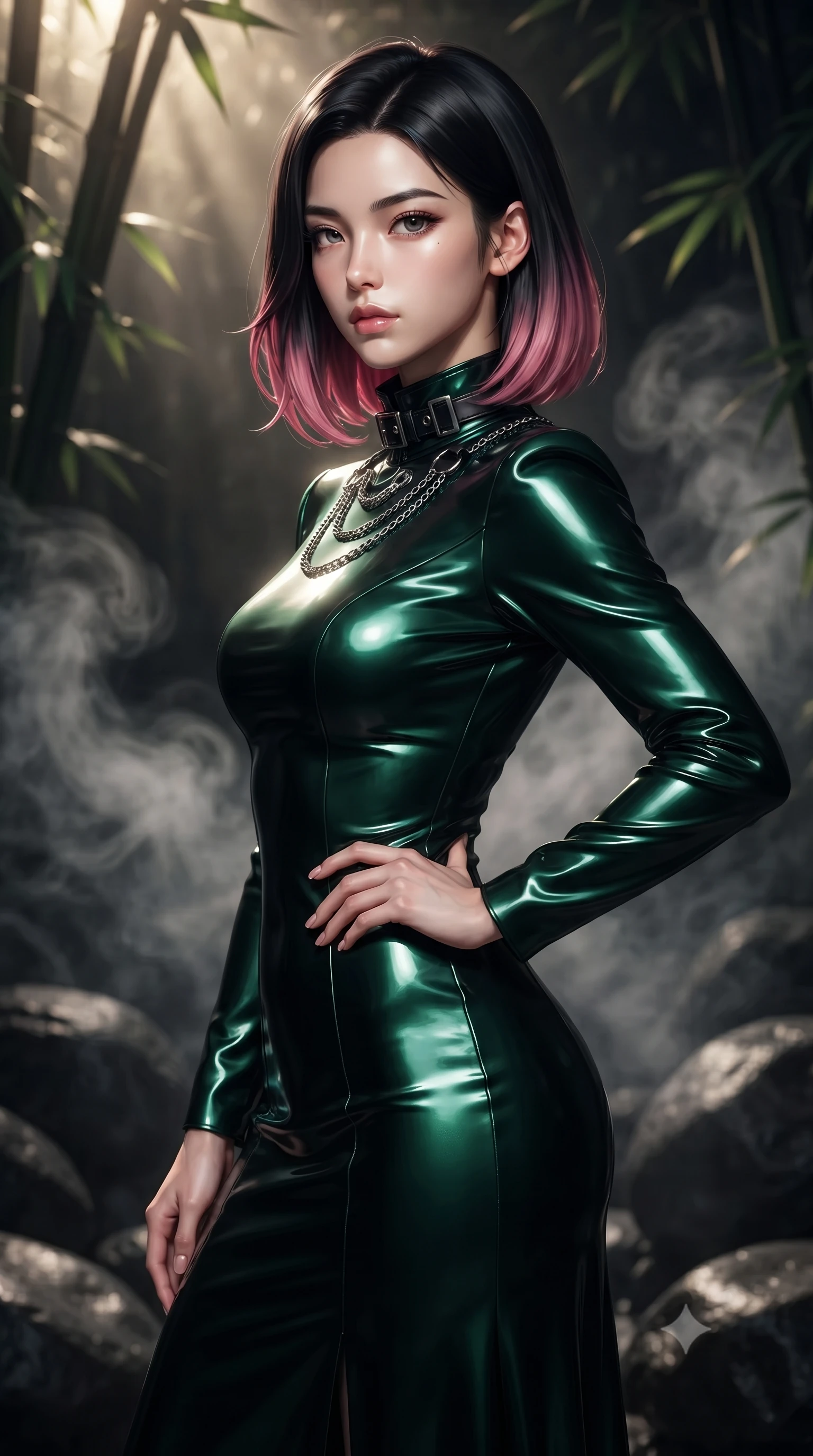 score_9, masterpiece, best quality, ultra-detailed, high-budget anime keyframe, editorial fashion photography, tasteful artistic composition, Korean woman. close-up cowboy shot from the waist and thighs up, the character dominates the composition, filling the frame with her large presence, background elements kept in soft focus. Holding a confident power pose with one hand on her hip, looking back with a serene, magnetic gaze through swirling thermal mist, smooth black basalt rocks providing sharp black-and-silver background contrast. She has an exceptionally elegant, slender, and willowy female figure with an ultra-slim waist, a gracefully sculpted slender torso, and a refined silhouette. sharp v-shaped jawline, high-bridge nose, intricate jewel-like eyes with depth, thick eyelashes, glossy lips with a natural sheen. wearing long-sleeved dark emerald satin gown with high structured collar in pitch-black onyx, made of high-gloss liquid vinyl, framed by dark titanium buckles and silver chain details, contouring every curve with an exceptionally elegant silhouette. lit by low-key golden rays piercing through dark bamboo shadows. ultra-reflective glossy finish, specular highlights, metallic sheen, high-contrast stereoscopic depth, volumetric dynamic lighting, 2k, ultra detail, master piece, 9:16 ratio