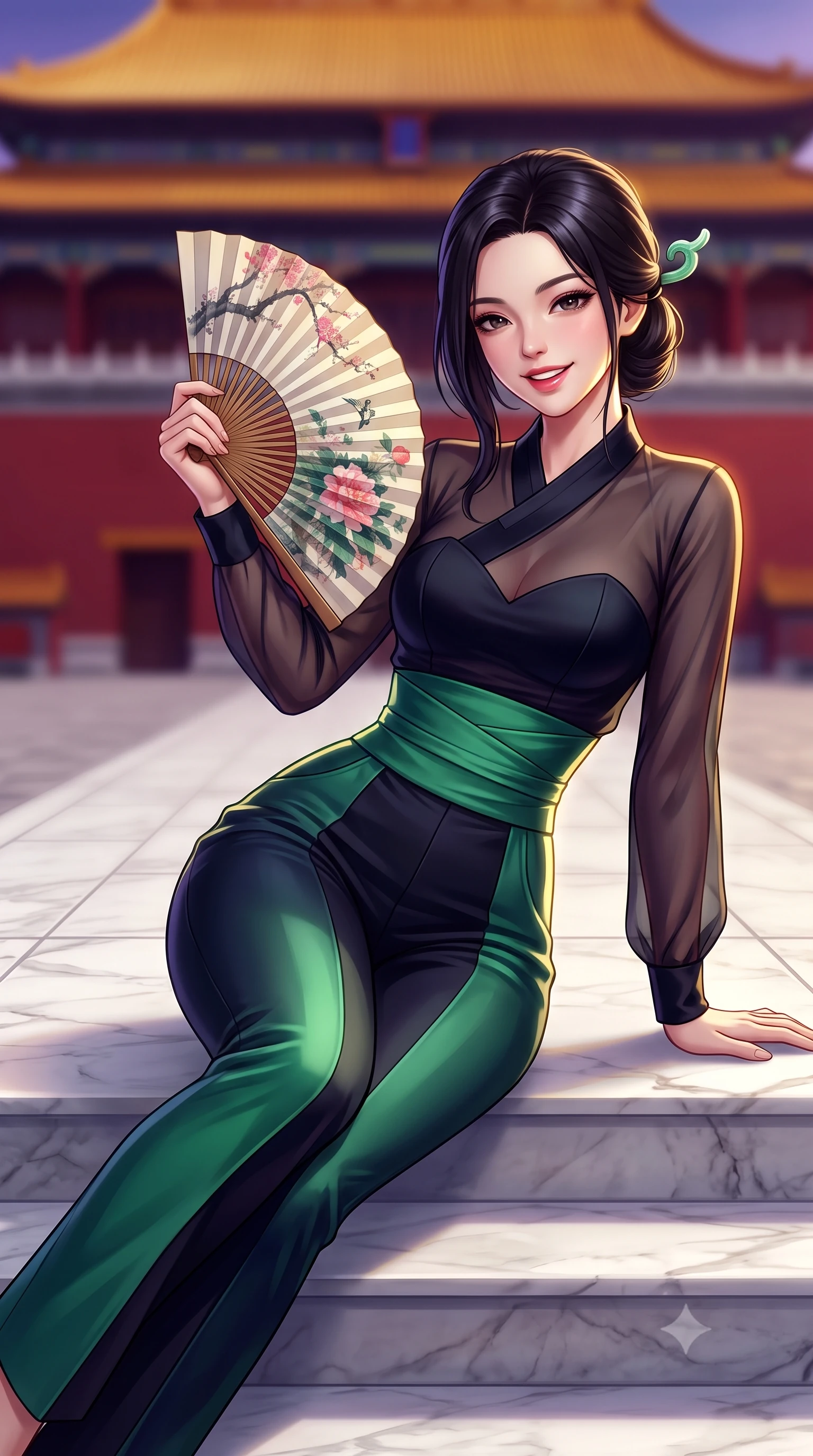 score_9, masterpiece, best quality, ultra-detailed, high-budget anime keyframe, semi-realistic 3D game render, editorial fashion photography, tasteful artistic composition, Korean woman. close-up cowboy shot from the waist and thighs up, the character dominates the composition, filling the frame with her large presence. playfully unfurling a painted silk fan toward the lens, her radiant smile capturing fresh girlhood charm while her arched torso reveals an intoxicating hip contour while lounging gracefully on the wide marble terrace steps with legs extended, her tailored high-slit gown commanding the monumental historic plaza. The background shows a soft-focus the colossal Meridian Gate red walls and sweeping imperial yellow glazed roofs blurred into deep vermilion, ochre gold, and twilight violet bokeh. She has an exceptionally elegant, slender, and willowy female figure with an ultra-slim waist, flat toned midriff, narrow ribcage, and sculpted feminine hips creating an alluring, slim hourglass silhouette without bulk. sharp v-shaped jawline, high-bridge nose, intricate jewel-like dark sparkling almond eyes with depth, thick lashes, glossy parted lips with a natural rose-plum sheen, bright alluring and coquettish smile with bedroom-eyes, exuding both timeless oriental elegance and sovereign high-fashion allure, flawlessly proportioned anatomical accuracy, strict slender model proportions, natural body alignment, perfectly sculpted long slender limbs, ultra-slim waistline, clean dynamic posture without body distortion. wearing a sheer technical mesh and silk hanbok blouse worn over a sculpted sweetheart bustier with high-waisted tailored silk trousers in deep midnight obsidian and luminous imperial jade green, made of sheer technical micro-mesh with contouring shadow effects, featuring a modern sculptural jade hair pin securing her loose silky updo, the high-waisted wrap tailoring accentuating her ultra-slim waistline and the enchanting curve of her feminine hips with alluring oriental charm. illuminated by white marble ground bounce and sharp imperial-gold rim lighting defining her razor-sharp jawline, narrow waist, and curvy hips. highly saturated vibrant anime colors, detailed shading with soft gradients, rich glossy textures, high-contrast stereoscopic depth, volumetric dynamic lighting, master piece, 9:16 ratio