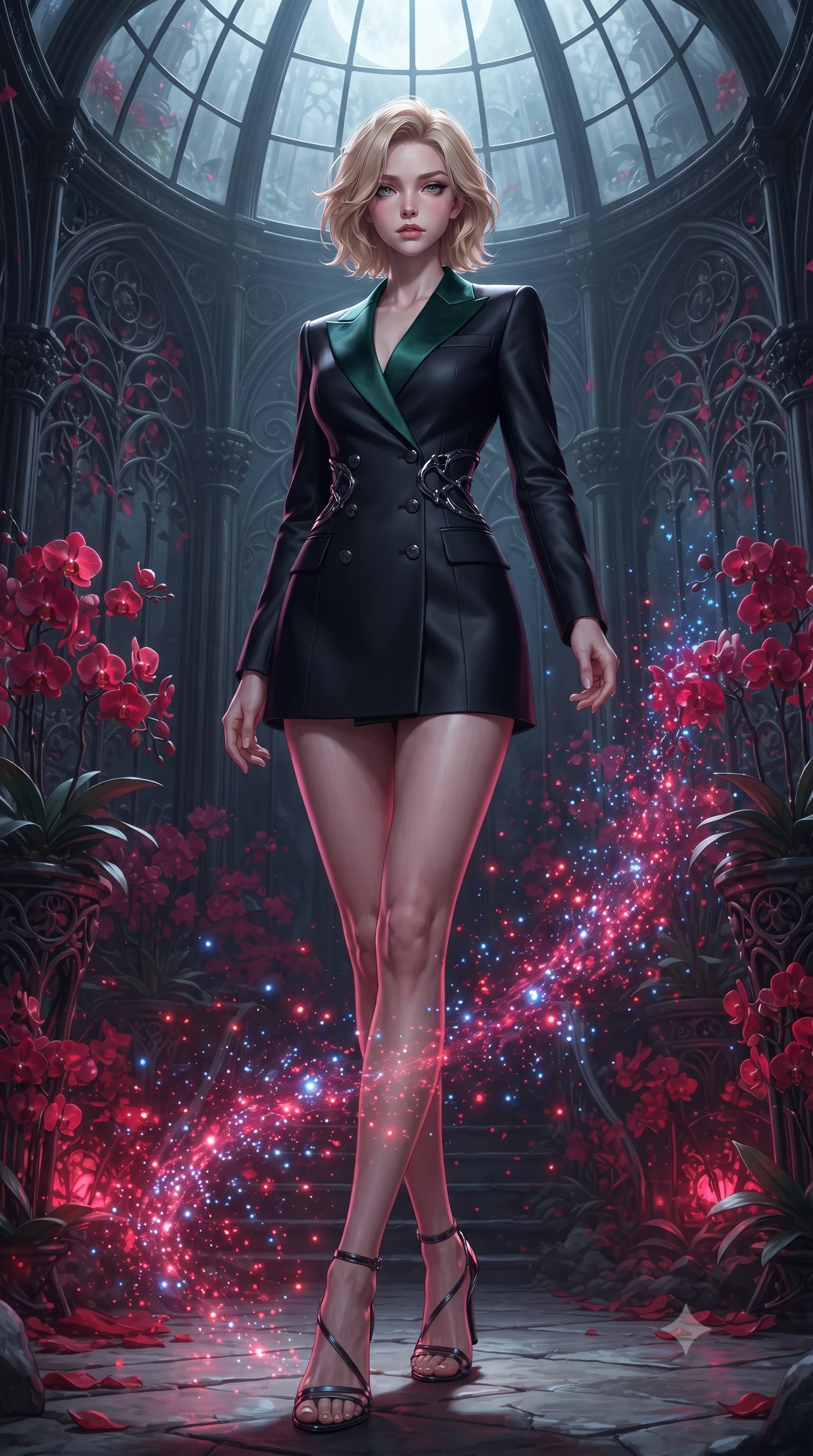 score_9, masterpiece, best quality, ultra-detailed, high-budget anime keyframe, editorial fashion photography, tasteful artistic composition, Caucasian woman. low angle full-body shot from head to toe showing her feet, filling the entire 9:16 vertical frame with her statuesque presence, stretching her vertical silhouette. interacting with glowing light particles, her long slender legs poised in motion, standing in a secluded gothic conservatory filled with blooming red night orchids, gothic sensual allure with intense emotional depth. She has an absolutely perfect, statuesque 8.5-heads proportion, an exceptionally tall and slender model-like female figure with impossibly long slender legs and an ultra-slim waist. sharp v-shaped jawline, high-bridge nose, intricate jewel-like eyes with depth, thick eyelashes, glossy lips with a natural sheen. wearing tailored double-breasted obsidian blazer dress with silk lapels in deep emerald green, made of matte carbon-fiber weave, accented with sculpted obsidian chrome rings at the waist, following her slender form with tailored precision. illuminated by eerie ruby orchid glow and cold silver moonlight from above. highly saturated vibrant anime colors, detailed shading with soft gradients, rich glossy textures, high-contrast stereoscopic depth, volumetric dynamic lighting, master piece, 9:16 ratio