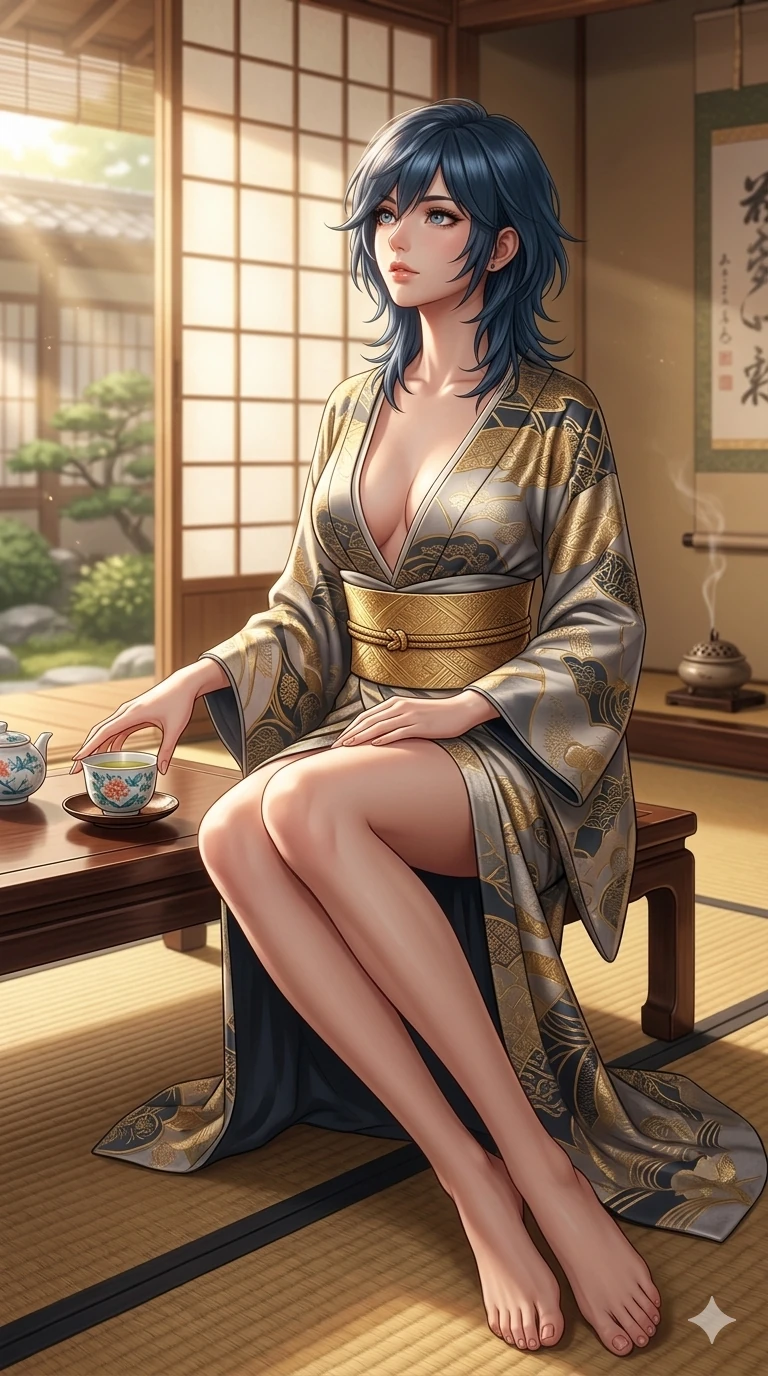 score_9, masterpiece, best quality, ultra-detailed, high-budget anime keyframe, editorial fashion photography, tasteful artistic composition, Caucasian woman, strictly human ears. cowboy shot from the thighs up, character and outfit filling the frame for maximum editorial presence. resting her fingers on a porcelain tea cup, looking up with a gentle, curious gaze inside a quiet shoji-screen tea room with warm tatami mats (Code-P16-161). She has an absolutely perfect 8-heads proportion, an exceptionally tall and slender female figure with impossibly long slender legs and an ultra-slim waist. V-shaped jawline, high-bridge nose, intricate jewel-like eyes with depth, thick eyelashes, glossy lips with a natural sheen. wearing a modern silk kimono dress with a plunging neck and wide gold obi belt. soft warm morning sunbeams filtering through the paper screens, casting a gentle glow. 2k, ultra detail, master piece, 9:16 ratio