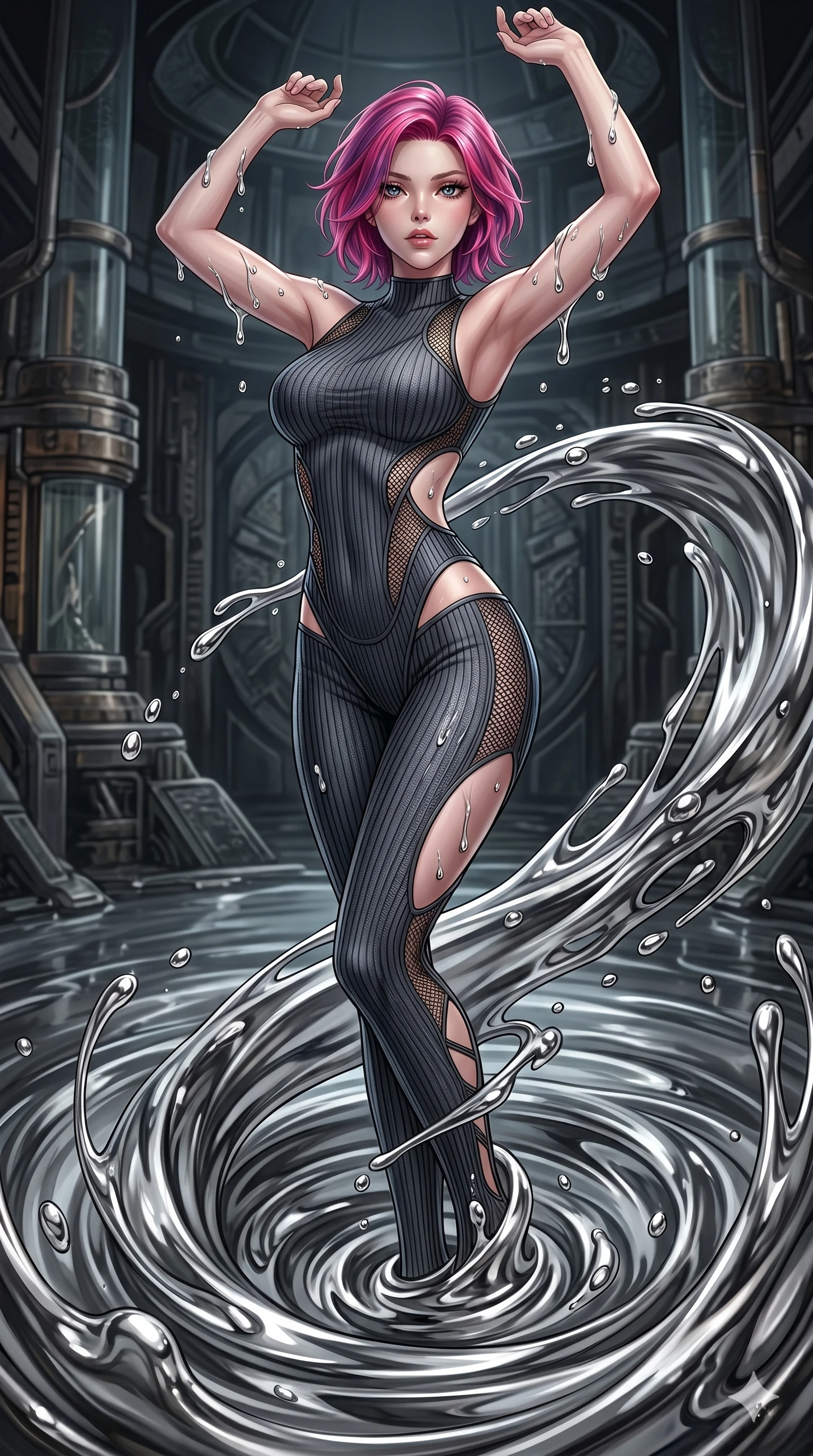 score_9, masterpiece, best quality, ultra-detailed, High-budget Anime Keyframe, East Asian woman. Dynamic full-body shot stretching the vertical silhouette to the limit. Scenario 34: Rising from a pool of mercury-like liquid, droplets rolling off her skin. Her presence is magnetic and overpowering in this high-budget anime scene. Outfit 34: A ribbed bodycon knit micro-mesh with a strategic side cut-outs and tight-fitting silhouette. The clothing is designed to emphasize her exceptionally tall and slender 8-heads proportion. 8-heads proportion, towering silhouette, ultra-slim waist. sharp v-shaped jawline, intricate jewel-like eyes with depth, thick eyelashes, glossy lips. 2k, ultra detail, master piece, 9:16 ratio