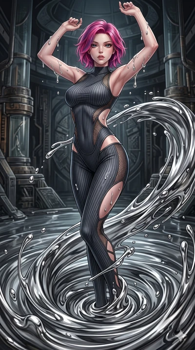 score_9, masterpiece, best quality, ultra-detailed, High-budget Anime Keyframe, East Asian woman. Dynamic full-body shot stretching the vertical silhouette to the limit. Scenario 34: Rising from a pool of mercury-like liquid, droplets rolling off her