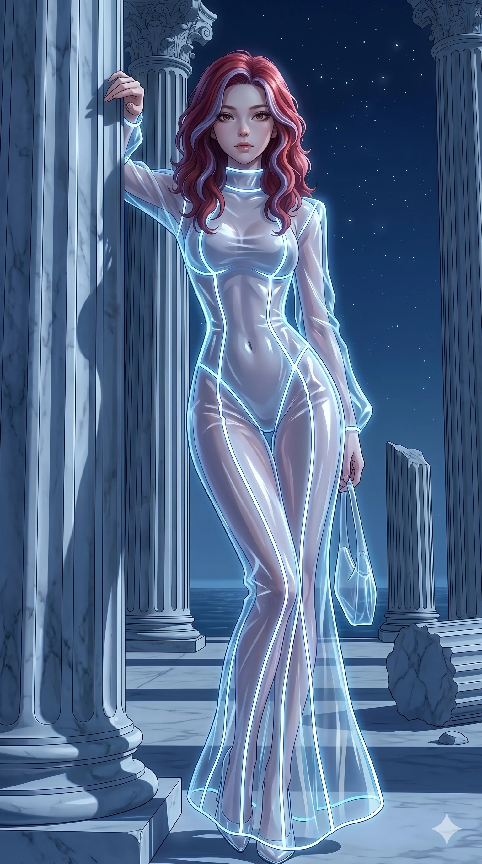 score_9, masterpiece, best quality, ultra-detailed, High-budget Anime Keyframe, East Asian woman. Low angle cowboy shot filling the entire 9:16 frame with her statuesque presence. Scenario 233: Leaning against a cold marble pillar in a moonlit greek temple. Her presence is magnetic and overpowering in this high-budget anime scene. Outfit 233: A translucent organza liquid with a elegant high-fashion silhouette and glowing LED seams. The clothing is designed to emphasize her exceptionally tall and slender 8-heads proportion. 8-heads proportion, towering silhouette, ultra-slim waist. sharp v-shaped jawline, intricate jewel-like eyes with depth, thick eyelashes, glossy lips. 2k, ultra detail, master piece, 9:16 ratio