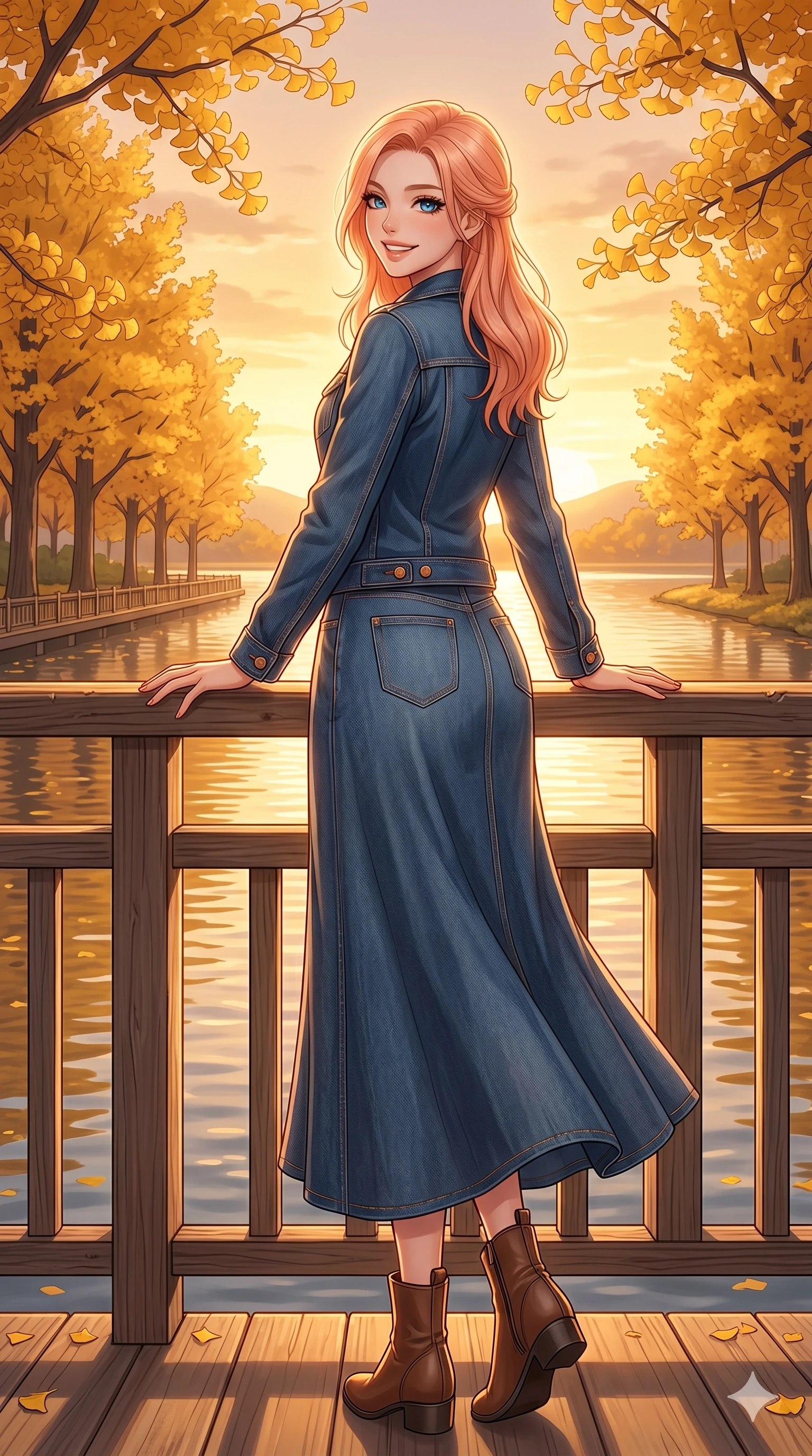 score_9, masterpiece, best quality, ultra-detailed, high-budget anime keyframe, vibrant anime aesthetic, Japanese woman. low angle full-body shot from head to toe showing her feet, filling the entire 9:16 vertical frame with her statuesque presence, stretching her vertical silhouette. She is resting her hands on the deck railing, looking over her shoulder with a happy grin by a quiet lakeside promenade lined with golden gingko trees in the morning sun (Code-P21-020). She has an absolutely perfect 8-heads proportion, an exceptionally tall and slender female figure with impossibly long slender legs and an ultra-slim waist. V-shaped jawline, high-bridge nose, intricate jewel-like eyes with depth, thick eyelashes, glossy lips with a natural sheen. wearing a modern denim set featuring a structured jacket and long skirt in winter. She is glowing with warm winter sunset light radiating from the horizon, casting a golden aura. 2k, ultra detail, master piece, 9:16 ratio