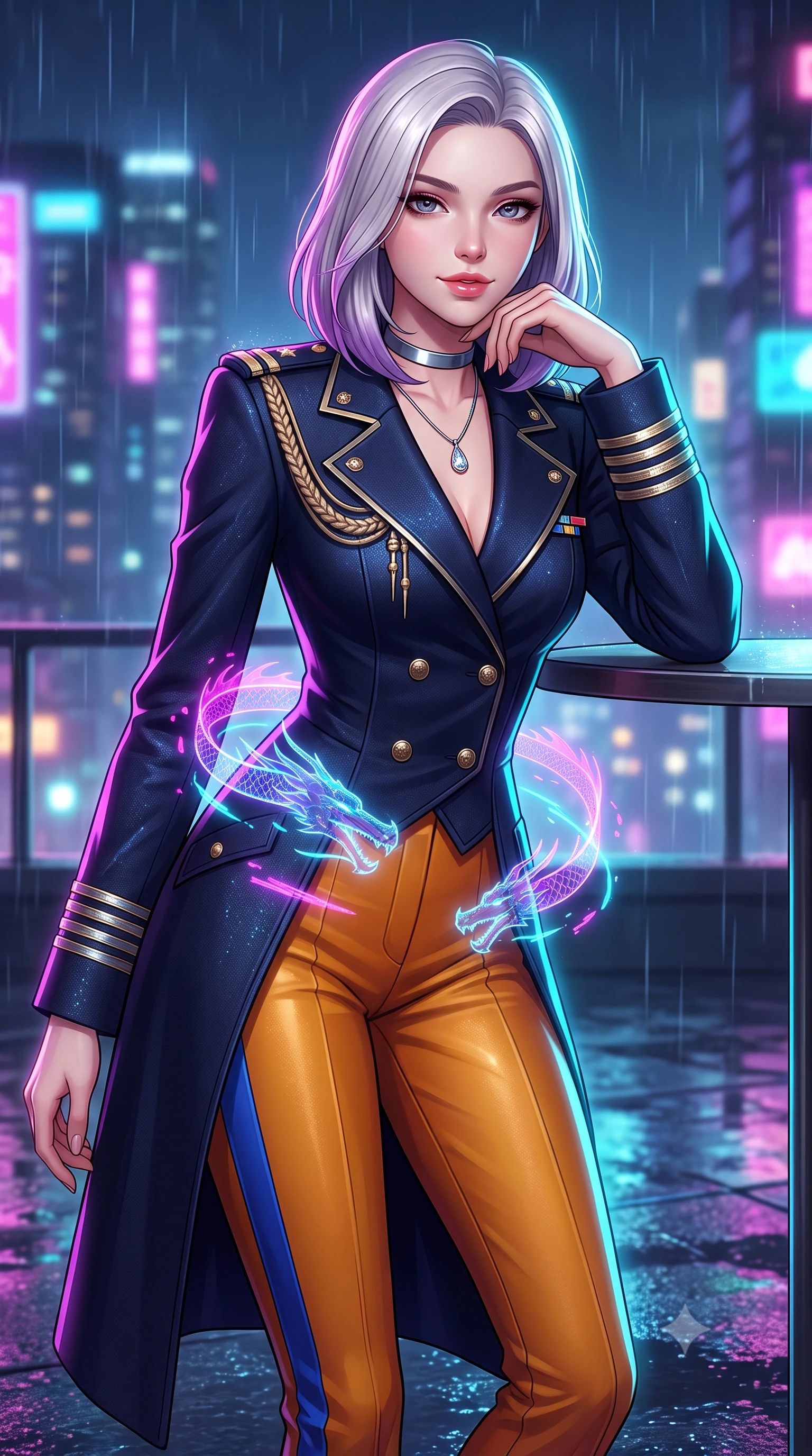 score_9, masterpiece, best quality, ultra-detailed, high-budget anime keyframe, semi-realistic 3D game render, editorial fashion photography, tasteful artistic composition, Caucasian woman. close-up cowboy shot from the waist and thighs up, the character dominates the composition, filling the frame with her large presence. resting one elbow on the table and supporting her chin, leaning close to the camera with heavy-lidded sparkling eyes and parted lips while twisting her slender torso in an alluring contrapposto stance, dripping holographic dragon signs painting electric magenta and cyan across her narrow waist and hips. The background shows a soft-focus fine neon-lit rain mist softened in cyberpunk citadel rooftop shallow focus. She has an exceptionally elegant, slender, and willowy female figure with an ultra-slim waist, flat toned midriff, narrow ribcage, and sculpted feminine hips creating an alluring, slim hourglass silhouette without bulk. sharp v-shaped jawline, high-bridge nose, intricate jewel-like sparkling eyes with depth, thick eyelashes, glossy parted lips with a natural peach sheen, bright cheerful beaming smile with an enchanting and coquettish sensual glint, exuding both youthful cute charm and seductive allure, flawlessly proportioned anatomical accuracy, strict slender model proportions, natural body alignment, perfectly sculpted long slender limbs, ultra-slim waistline, clean dynamic posture without body distortion. wearing a tailored flight command officer coat in midnight navy with structured lapels, metallic rank braids, and tailored slim trousers in Jovian storm amber and electric cobalt, tailored from high-density tech-wool with subtle metallic thread weave, finished with a minimalist chrome choker and a single teardrop diamond pendant, the bespoke structured tailoring following the natural line of her 8.5-heads silhouette with refined elegance. illuminated by wet pavement reflection bounce and sharp laser-cyan rim lights defining her jawline, narrow waist, and curvy hips. highly saturated vibrant anime colors, detailed shading with soft gradients, rich glossy textures, high-contrast stereoscopic depth, volumetric dynamic lighting, master piece, 9:16 ratio