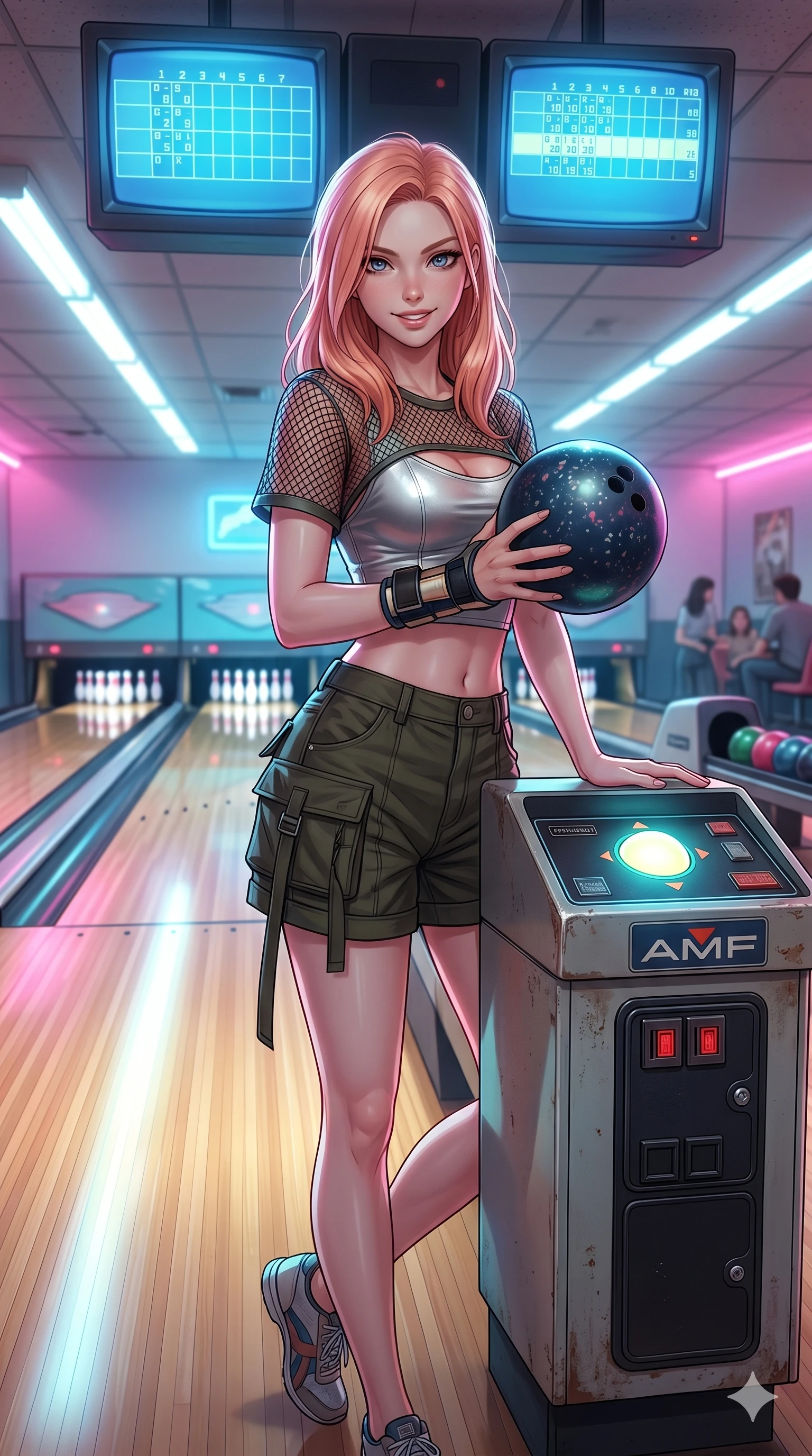 score_9, masterpiece, best quality, ultra-detailed, high-budget anime keyframe, Japanese woman. Upper body close-up from the thighs up, character filling the screen for maximum presence. Standing next to a retro bowling game console, holding a ball, preparing to roll the ball with a playful, challenging smile. She is wearing a sporty cropped top over a silver bodice, and dark utility shorts. The scene is lit by the bright white lane lights and blue scoring monitors. 2k, ultra detail, master piece, 9:16 ratio
