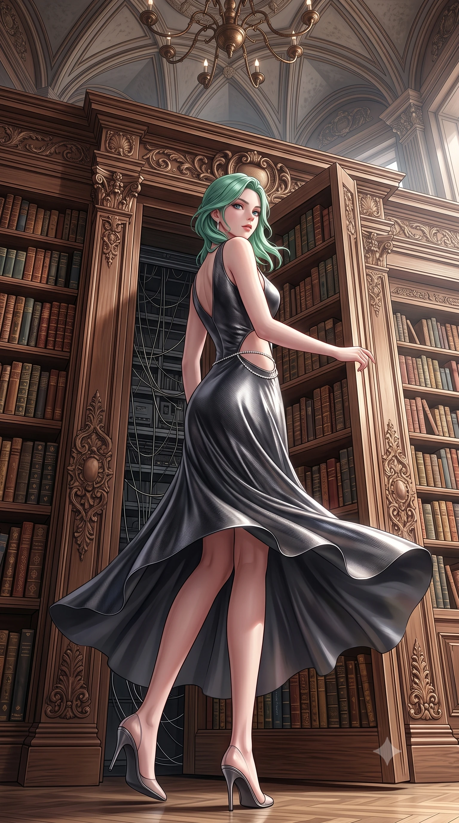 score_9, masterpiece, best quality, ultra-detailed, high-budget anime keyframe, semi-realistic 3D game render, editorial fashion photography, tasteful artistic composition, Japanese woman. low angle full-body shot from head to toe showing her feet, filling the entire 9:16 vertical frame with her statuesque presence, stretching her vertical silhouette. executing an elegant mid-motion spin with effortless grace, her garments fluttering softly around her ultra-slim waistline while slipping through a secret revolving bookcase door from the grand library with sovereign stealth and fluid grace. The surrounding environment is rendered in vivid detail and crisp panoramic clarity. detailed baroque fireplace mantels, concealed listening device wires, and antique book spines in high clarity. She has an absolutely perfect, statuesque 8.5-heads proportion, an exceptionally tall and slender model-like female figure with impossibly long slender legs, a toned flat midriff, and an ultra-slim waist. sharp v-shaped jawline, high-bridge nose, intricate jewel-like eyes with depth, thick eyelashes, glossy lips with a natural sheen, captivating and magnetic expression, flawlessly proportioned anatomical accuracy, strict slender model proportions, natural body alignment, perfectly sculpted long slender limbs, ultra-slim waistline, clean dynamic posture without body distortion. wearing a sculpted metallic lamé evening dress with delicate side-waist diamond cutouts in deep charcoal and specular titanium finish, made of ultra-strong woven carbon-fiber composite with satin luster, accented with a dainty diamond waist chain framing her slender silhouette, the breezy yet form-flattering drape swaying gracefully with her steps, accentuating her long willowy limbs and slim waistline. surrounded by an enigmatic, enchanting, and lethal undercover spy duchess aura. highly saturated vibrant anime colors, detailed shading with soft gradients, rich glossy textures, high-contrast stereoscopic depth, volumetric dynamic lighting, master piece, 9:16 ratio