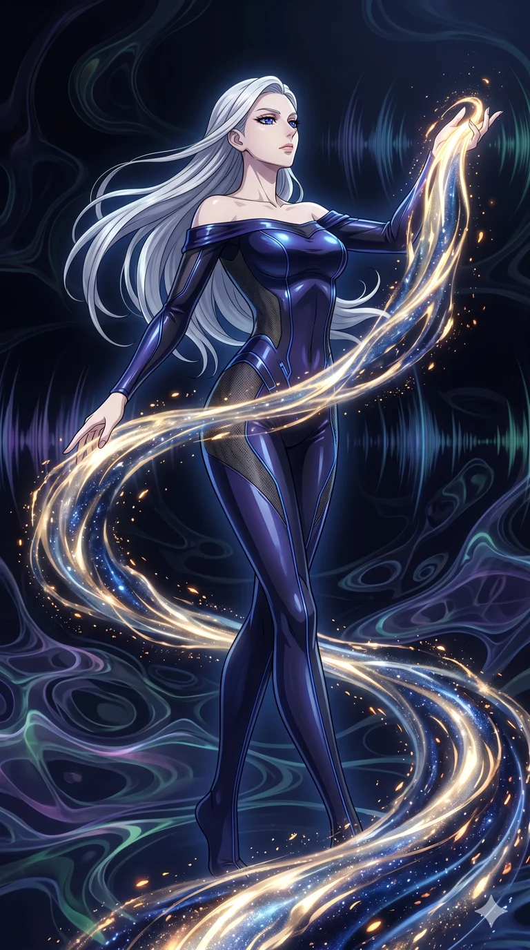score_9, masterpiece, best quality, ultra-detailed, High-budget Anime Keyframe, vibrant colors, fluid line-art, expressive lighting, cinematic composition, Ufotable-style visual effects, top-tier animation quality, Caucasian woman with pale skin and refined features. Dynamic full-body shot stretching the vertical silhouette, capturing her from a powerful low-angle perspective. Guiding a stream of molten starlight through a dark, sound-sensitive void. She has an absolutely perfect 8-heads proportion, an exceptionally tall and slender female figure with impossibly long slender legs and an ultra-slim waist, her statuesque height and towering silhouette dominating the vertical 9:16 frame. Her face is a masterpiece featuring a sharp v-shaped jawline, high-bridge nose, intricate jewel-like eyes with depth, thick eyelashes, and glossy lips with a natural sheen. She is wearing a Off-shoulder tech-suit made of high-gloss synthetic fibers, featuring strategic micro-mesh panels. The scene is set in a chamber of echoes where every sound creates beautiful liquid patterns in the air. 2k, ultra detail, master piece, 9:16 ratio