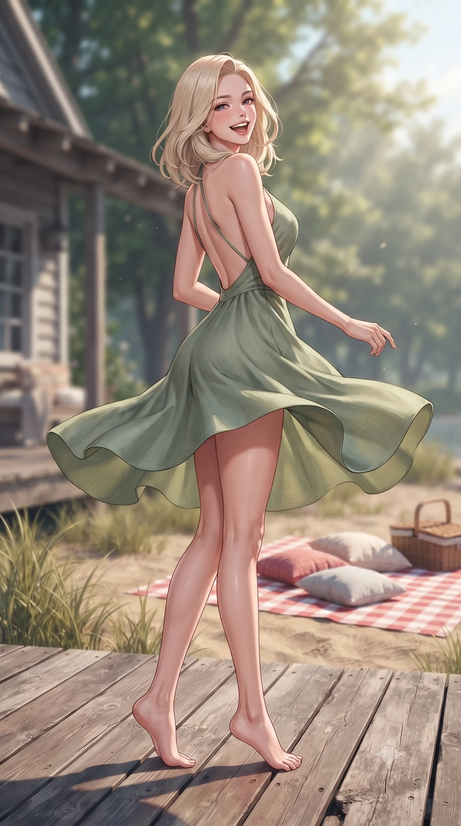 score_9, masterpiece, best quality, ultra-detailed, high-budget anime keyframe, editorial fashion photography, tasteful artistic composition, Caucasian woman. low angle full-body shot from head to toe showing her feet, filling the entire 9:16 vertical frame with her statuesque presence, stretching her vertical silhouette. twirling around with a playful, sensual laugh, her dress fluttering elegantly to accent her waistline set against a soft-focus background of on a wooden deck of a lakeside cottage surrounded by beachgrass with a red checkered picnic blanket and pillows arranged on the grass. She has an absolutely perfect, statuesque 8.5-heads proportion, an exceptionally tall and slender model-like female figure with impossibly long slender legs and an ultra-slim waist. sharp v-shaped jawline, high-bridge nose, intricate jewel-like eyes with depth, thick eyelashes, glossy lips with a natural sheen. wearing form-contouring backless linen halter dress in sage green, showing her elegant shoulder lines. soft afternoon sunbeams creating a peaceful, quiet country atmosphere. highly saturated vibrant anime colors, detailed shading with soft gradients, rich glossy textures, high-contrast stereoscopic depth, volumetric dynamic lighting, master piece, 9:16 ratio