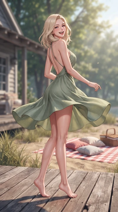 score_9, masterpiece, best quality, ultra-detailed, high-budget anime keyframe, editorial fashion photography, tasteful artistic composition, Caucasian woman. low angle full-body shot from head to toe showing her feet, filling the entire 9:16 vertica