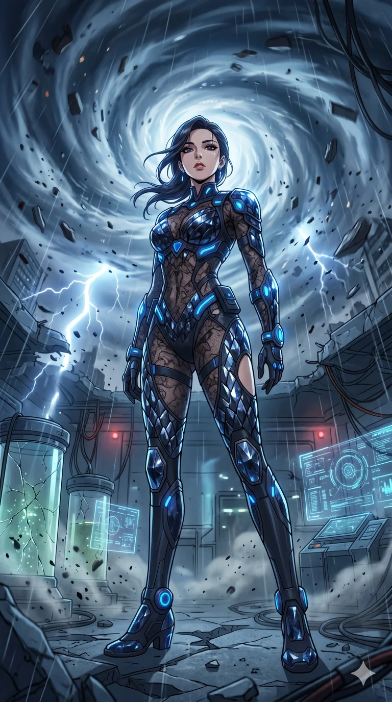 score_9, masterpiece, best quality, ultra-detailed, High-budget Anime Keyframe, vibrant colors, fluid line-art, expressive lighting, cinematic composition, Ufotable-style visual effects, top-tier animation quality, Korean woman with idol-like refined features. Low angle cowboy shot filling the entire 9:16 frame with her statuesque presence, looking up to emphasize her height. Standing in the eye of a terrifying hurricane with absolute calm, the debris of a destroyed city circling her in a violent vortex. She has an absolutely perfect 8-heads proportion, an exceptionally tall and slender female figure with impossibly long slender legs and an ultra-slim waist, her statuesque height and towering silhouette dominating the vertical 9:16 frame. Her face is a masterpiece featuring a sharp v-shaped jawline, high-bridge nose, intricate jewel-like eyes with depth, thick eyelashes, and glossy lips with a natural sheen. She is wearing a Sheer lace catsuit with strategically placed armor plating and glowing energy nodes crafted from Obsidian-glass scales that shimmer with a dark, crystalline brilliance, with integrated neon-lit tactical gear and suggestive cutouts on the thighs. The scene is set in a high-tech research laboratory with glowing glass tanks and complex holographic interfaces, illuminated by volumetric light beams cutting through a hazy atmosphere, creating a sense of depth. 2k, ultra detail, master piece, 9:16 ratio