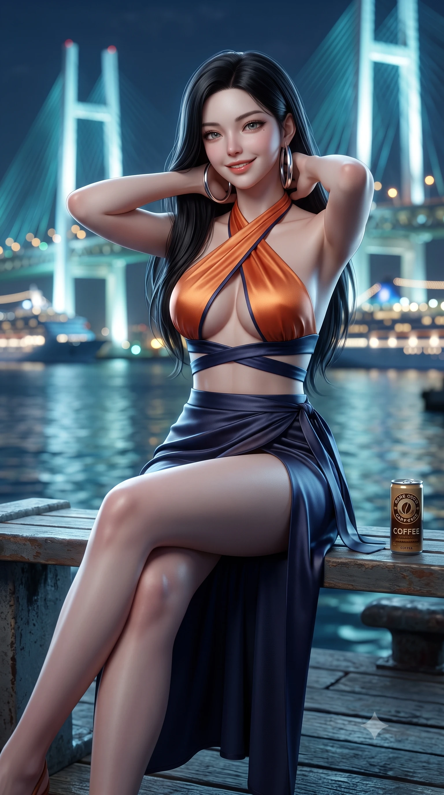 score_9, masterpiece, best quality, ultra-detailed, high-budget anime keyframe, semi-realistic 3D game render, editorial fashion photography, tasteful artistic composition, Korean woman. close-up cowboy shot from the waist and thighs up, the character dominates the composition, filling the frame with her large presence. resting both hands lightly behind her neck with elbows raised, arching her spine to highlight her narrow waist, flat midriff, and breathtaking collarbones while sitting perched gracefully on the pier bench with legs extended, holding a canned coffee while flashing a warm coquettish smile. The background shows a soft-focus the towering illuminated cables of Yokohama Bay Bridge and harbor cruise ship lights blurred into aquamarine, sapphire, and gold bokeh. She has an exceptionally elegant, slender, and willowy female figure with an ultra-slim waist, flat toned midriff, narrow ribcage, and sculpted feminine hips creating an alluring, slim hourglass silhouette without bulk. sharp v-shaped jawline, high-bridge nose, sparkling eyes with hypnotic seductive depth, thick curled eyelashes, glossy parted lips with a natural dewy peach sheen, alluring bedroom-eyes with an enchanting coquettish smile, exuding magnetic siren charisma and sophisticated glamour, flawlessly proportioned anatomical accuracy, strict slender model proportions, natural body alignment, perfectly sculpted long slender limbs, ultra-slim waistline, clean dynamic posture without body distortion. wearing a high-waisted silk wrap sarong skirt with a hip-high slit paired with a plunging criss-cross satin halter top in sunset tangerine orange and deep navy indigo, woven from buttery-soft stretch lambskin leather adhering to her body like a second skin, accented with oversized polished chrome hoop earrings catching the ambient neon glow, the precision-cut side openings and low-back scoop framing her graceful spine and the sensual sweep of her slim, toned hips. illuminated by harbor water moonbeam bounce and sharp platinum rim lights defining her collarbones, narrow waist, and curvy hips. highly saturated vibrant anime colors, detailed shading with soft gradients, rich glossy textures, high-contrast stereoscopic depth, volumetric dynamic lighting, master piece, 9:16 ratio