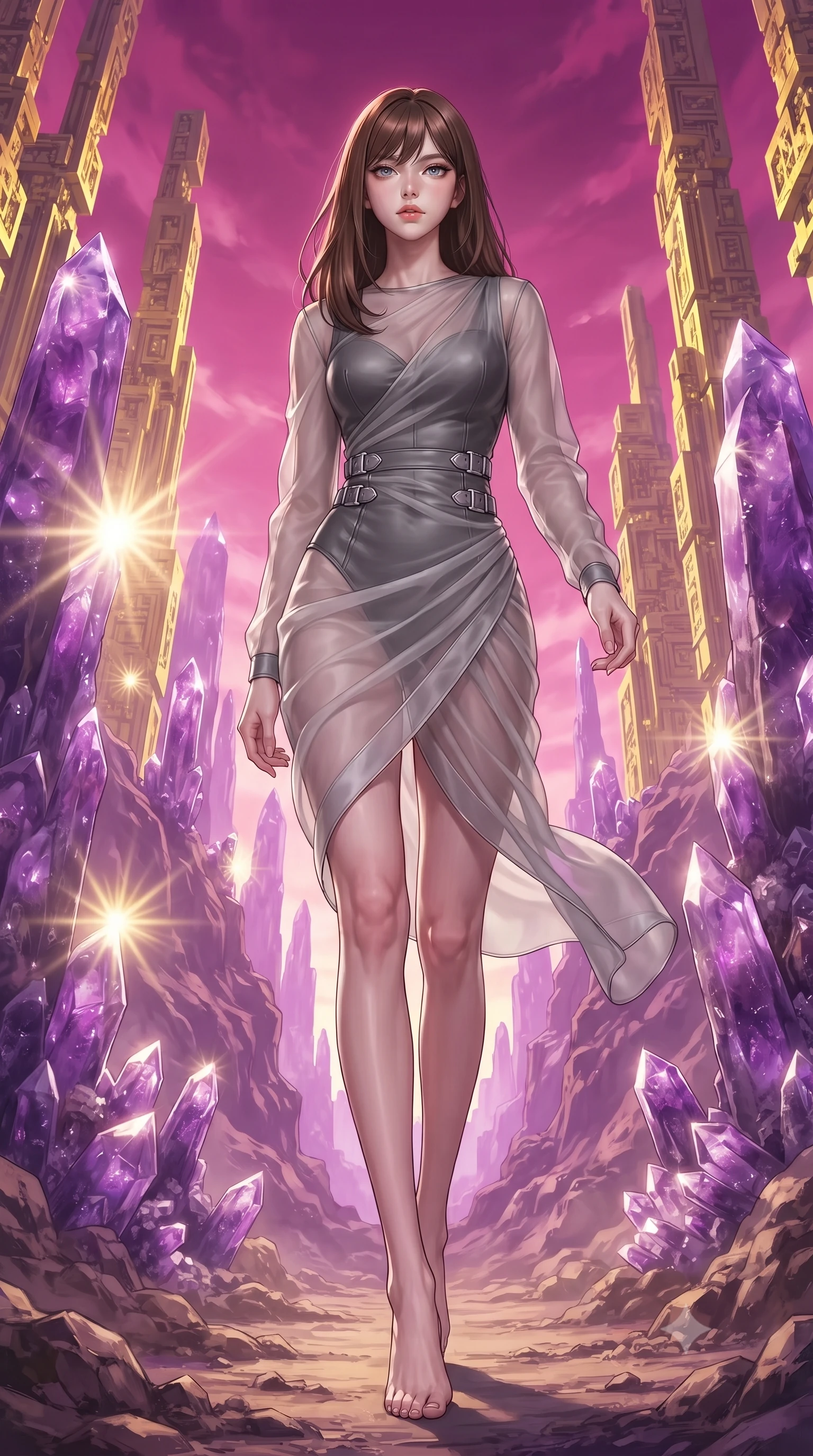 score_9, masterpiece, best quality, ultra-detailed, high-budget anime keyframe, editorial fashion photography, tasteful artistic composition, Korean woman. low angle full-body shot from head to toe showing her feet, filling the entire 9:16 vertical frame with her statuesque presence, stretching her vertical silhouette. forging dynamically through the scene, her vertical silhouette beautifully stretched walking through a canyon of purple amethyst spires scattering sunbursts, golden fractal geometric pillars rising majestically into a magenta sky. She has an absolutely perfect, statuesque 8.5-heads proportion, an exceptionally tall and slender model-like female figure with impossibly long slender legs and an ultra-slim waist. sharp v-shaped jawline, high-bridge nose, intricate jewel-like eyes with depth, thick eyelashes, glossy lips with a natural sheen. wearing a semi-opaque sheer overlay dress over a leather micro-bodysuit in charcoal grey and platinum, crafted from lustrous satin jersey with fluid draping, detailed with polished silver buckles along the waistline, the tailored fabric tightly following every curve of her athletic build. surrounded by an alien, majestic desert radiance. highly saturated vibrant anime colors, detailed shading with soft gradients, rich glossy textures, high-contrast stereoscopic depth, volumetric dynamic lighting, master piece, 9:16 ratio