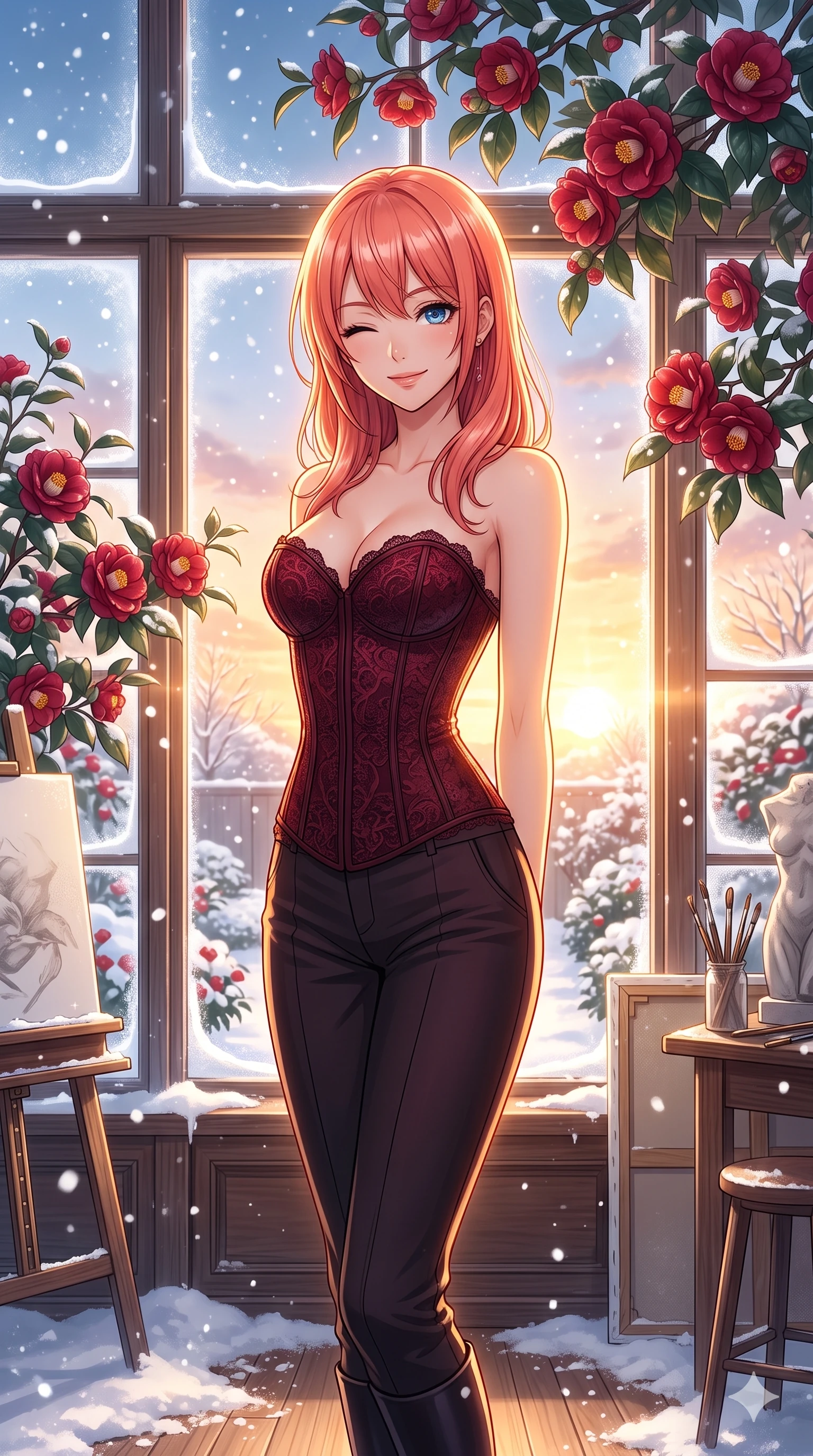 score_9, masterpiece, best quality, ultra-detailed, high-budget anime keyframe, vibrant anime aesthetic, Japanese woman. cowboy shot from the thighs up, character and outfit filling the frame for maximum presence. She is standing under winter camellias, winking with a delightful and smiling face in snow inside a bright art atelier with winter display windows (Code-P21-180). She has an absolutely perfect 8-heads proportion, an exceptionally tall and slender female figure with impossibly long slender legs and an ultra-slim waist. V-shaped jawline, high-bridge nose, intricate jewel-like eyes with depth, thick eyelashes, glossy lips with a natural sheen. wearing a structured lace corset with sweetheart neckline showing cleavage in winter. She is glowing with warm winter sunset light radiating from the horizon, casting a golden aura. 2k, ultra detail, master piece, 9:16 ratio