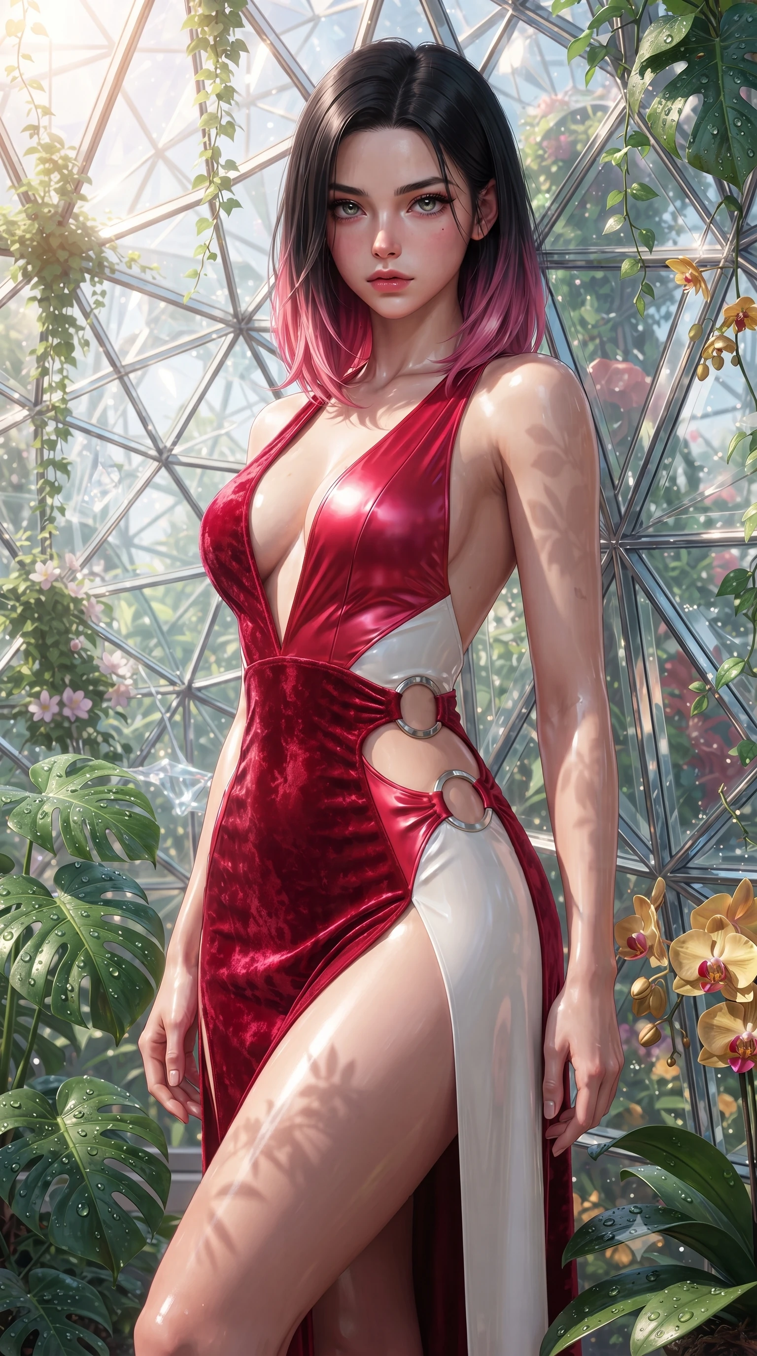score_9, masterpiece, best quality, ultra-detailed, high-budget anime keyframe, editorial fashion photography, tasteful artistic composition, Korean woman. close-up cowboy shot from the waist and thighs up, the character dominates the composition, filling the frame with her large presence. gazing directly into the lens with bedroom eyes and a breathtaking, dangerous allure that commands the entire composition while leaning against a sun-drenched geometric glass dome wall framed by trailing emerald vines and rare blossoms. The surrounding environment is rendered in vivid detail and crisp panoramic clarity. intricate crystal glasshouse dome architecture, dewdrop details on Monstera leaves, and golden orchid petals in deep focus. She has an exceptionally elegant, slender, and willowy female figure with an ultra-slim waist, a gracefully sculpted slender torso, toned flat midriff, and a refined slim silhouette. sharp v-shaped jawline, high-bridge nose, intricate jewel-like eyes with depth, thick eyelashes, glossy lips with a natural sheen, flawlessly proportioned anatomical accuracy, strict slender model proportions, natural body alignment, perfectly sculpted long slender limbs, ultra-slim waistline, clean dynamic posture without body distortion. wearing a backless crimson crushed velvet gown with a deep plunging V-neckline, strategic hip cutouts, and an ultra-high thigh slit in radiant crimson silk and crisp snow white, crafted from ultra-reflective second-skin latex with a high-gloss glass-like polish, detailed with polished silver rings connecting the daring side-waist cutouts, the liquid-tight tailored fabric emphasizing every curve of her tall, slender model proportions and sculptured silhouette during dynamic movement. illuminated by fresh botanical ambient radiance with organic leaf-shadow stencils on her skin. ultra-reflective glossy finish, specular highlights, metallic sheen, high-contrast stereoscopic depth, volumetric dynamic lighting, 2k, ultra detail, master piece, 9:16 ratio