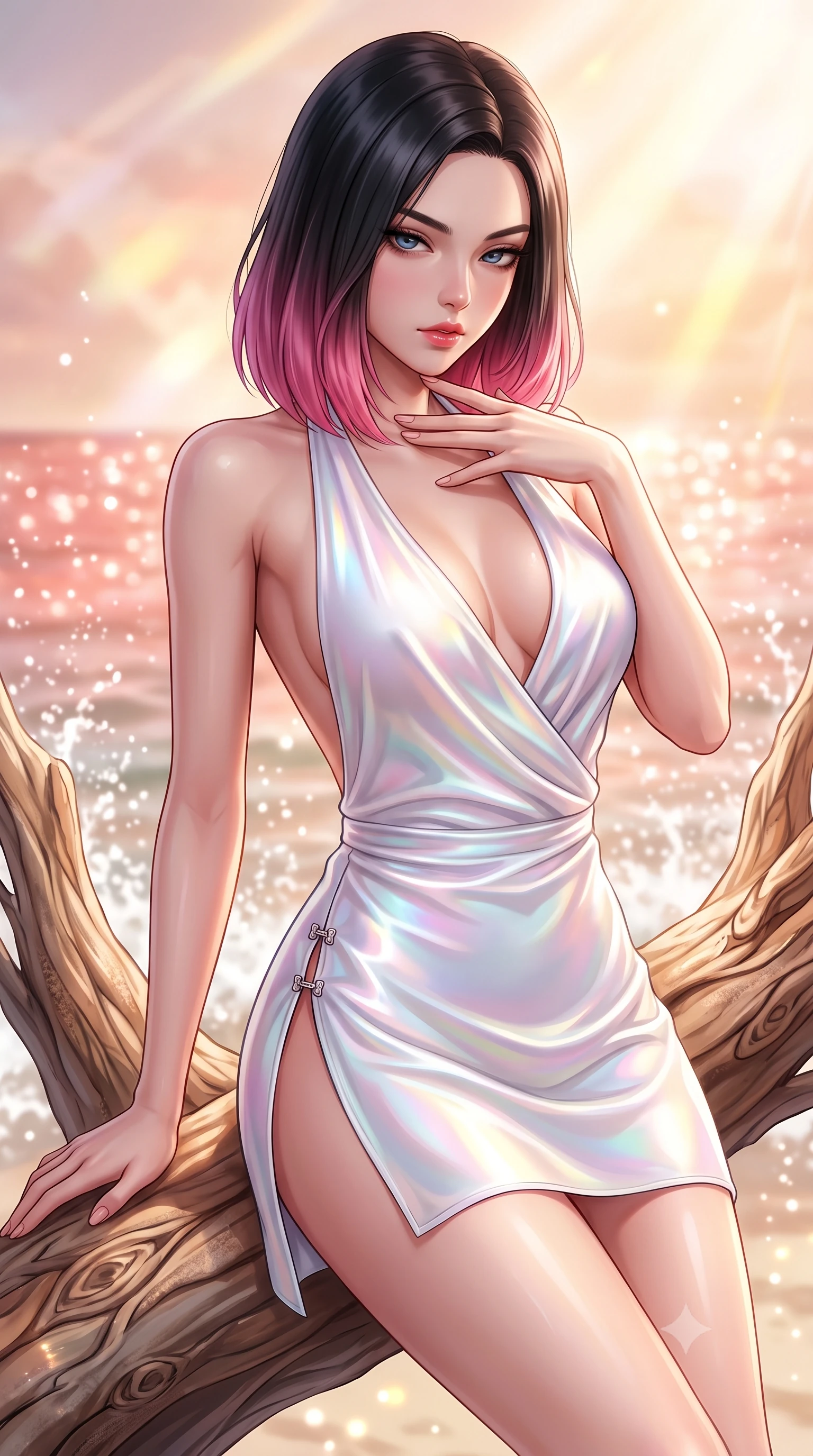score_9, masterpiece, best quality, ultra-detailed, high-budget anime keyframe, semi-realistic 3D game render, editorial fashion photography, tasteful artistic composition, Korean woman. close-up cowboy shot from the waist and thighs up, the character dominates the composition, filling the frame with her large presence. resting her fingers lightly against her throat while looking down with a smoldering, haughty yet intensely captivating glance while arching her back gracefully on a sun-warmed driftwood branch with the sparkling coral sea stretching behind. The composition keeps background elements in soft focus with creamy bokeh. warm tropical sunbeams refracting through sea spray into a soft, glowing backdrop. She has an exceptionally elegant, slender, and willowy female figure with an ultra-slim waist, a gracefully sculpted slender torso, toned flat midriff, and a refined slim silhouette. sharp v-shaped jawline, high-bridge nose, intricate jewel-like eyes with depth, thick eyelashes, glossy lips with a natural sheen, flawlessly proportioned anatomical accuracy, strict slender model proportions, natural body alignment, perfectly sculpted long slender limbs, ultra-slim waistline, clean dynamic posture without body distortion. wearing a form-contouring liquid satin halter-neck mini dress with a deep crossover cowl front, open back, and ultra-slender waist drape in glistening liquid pearl white with rainbow opalescence, made of smooth iridescent silk chiffon that shifts colors with movement, finished with an ultra-high side slit secured by miniature magnetic clasps, the liquid-tight tailored fabric emphasizing every curve of her tall, slender model proportions and sculptured silhouette during dynamic movement. surrounded by a fresh, sun-soaked, and breathtakingly sensual tropical paradise ambiance. highly saturated vibrant anime colors, detailed shading with soft gradients, rich glossy textures, high-contrast stereoscopic depth, volumetric dynamic lighting, master piece, 9:16 ratio
