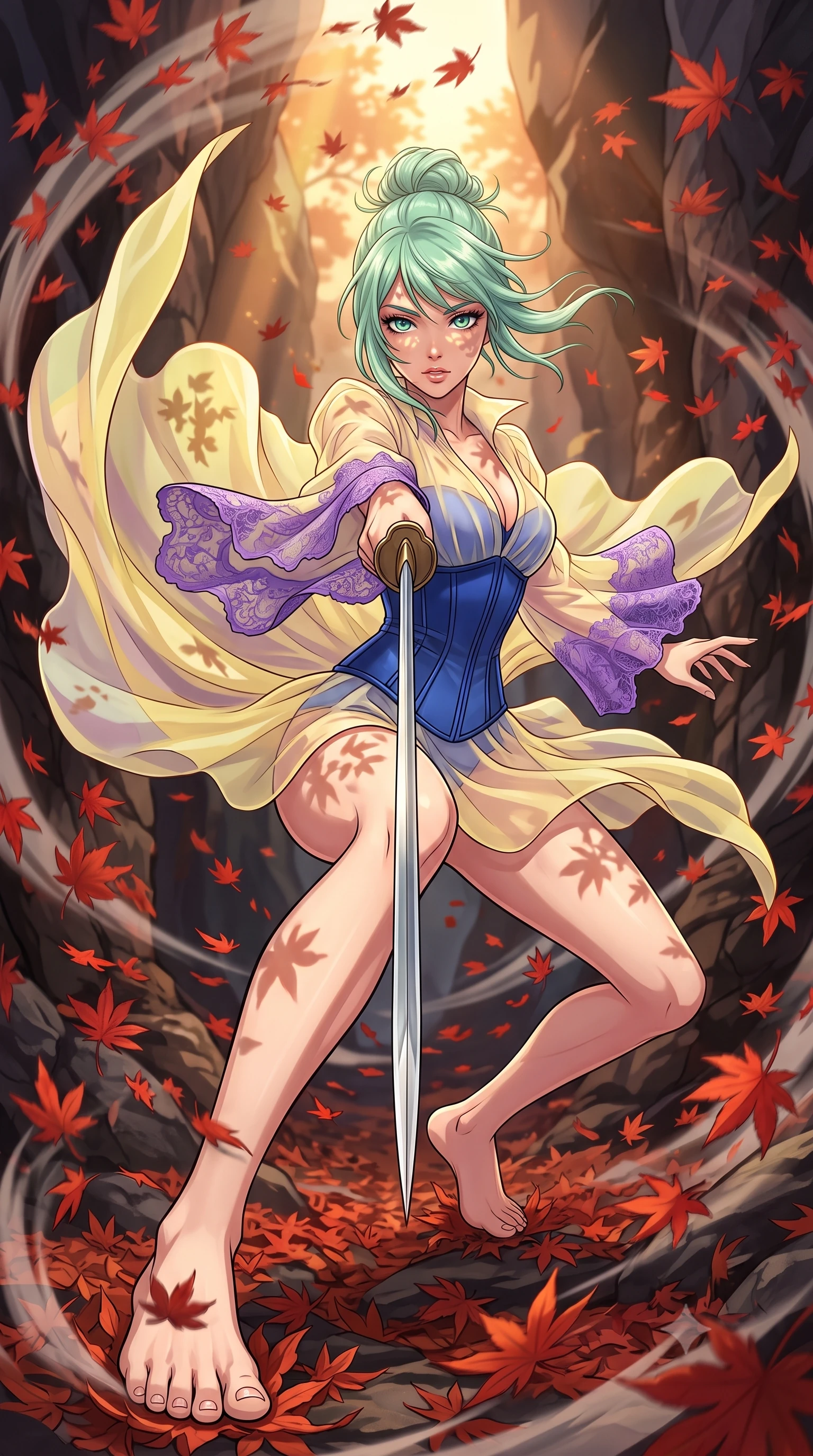 score_9, masterpiece, best quality, ultra-detailed, high-budget anime keyframe, clean line-art, cel-shading, Japanese woman. low angle full-body shot from head to toe showing her feet, filling the entire 9:16 vertical frame with her statuesque presence, stretching her vertical silhouette. lunging forward with a piercing thrust, her entire silhouette stretched in action through a narrow gorge filled with thousands of red maple leaves whipping in a powerful wind tunnel. She has a statuesque 8.5-heads proportion, an exceptionally tall, slender and willowy model-like build with impossibly long legs and a highly sculpted ultra-slim waist. sharp v-shaped jawline, high-bridge nose, intricate jewel-like eyes with depth, thick eyelashes, glossy lips with a natural sheen. wearing the lightweight fabric rippling and billowing dramatically with her movement, a slim-fit transparent organza blouse in pastel yellow with purple lace cuffs, layered over a structured cobalt blue corset. warm golden afternoon sunbeams casting soft organic leaf shadows across her skin. highly saturated vibrant anime colors, intense vivid color palette, volumetric dynamic lighting, 2k, ultra detail, master piece, 9:16 ratio